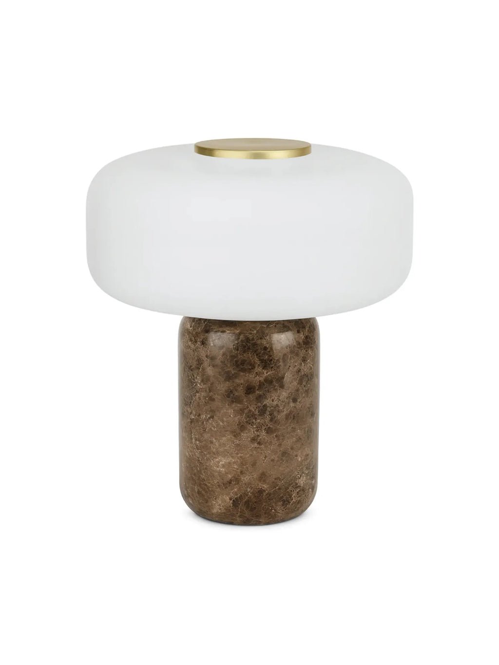 TAMO Fonte Table Lamp: A white mushroom-shaped glass diffuser atop a modern cylindrical dark brown marbled ceramic base with a prominent brass accent, displayed on a white background. Creates a luxurious ambient glow.