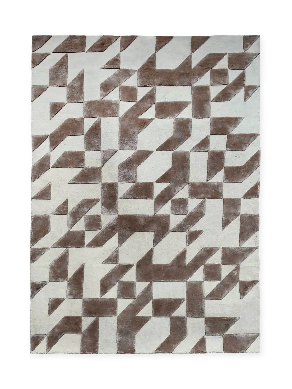 Tinted Objects Franzen Rug, a modern geometric area rug with a stylish pattern of raised brown shapes against a flat cream or off-white background. This luxurious floor covering is perfect for adding contemporary flair to living rooms or bedrooms for design-conscious homeowners.