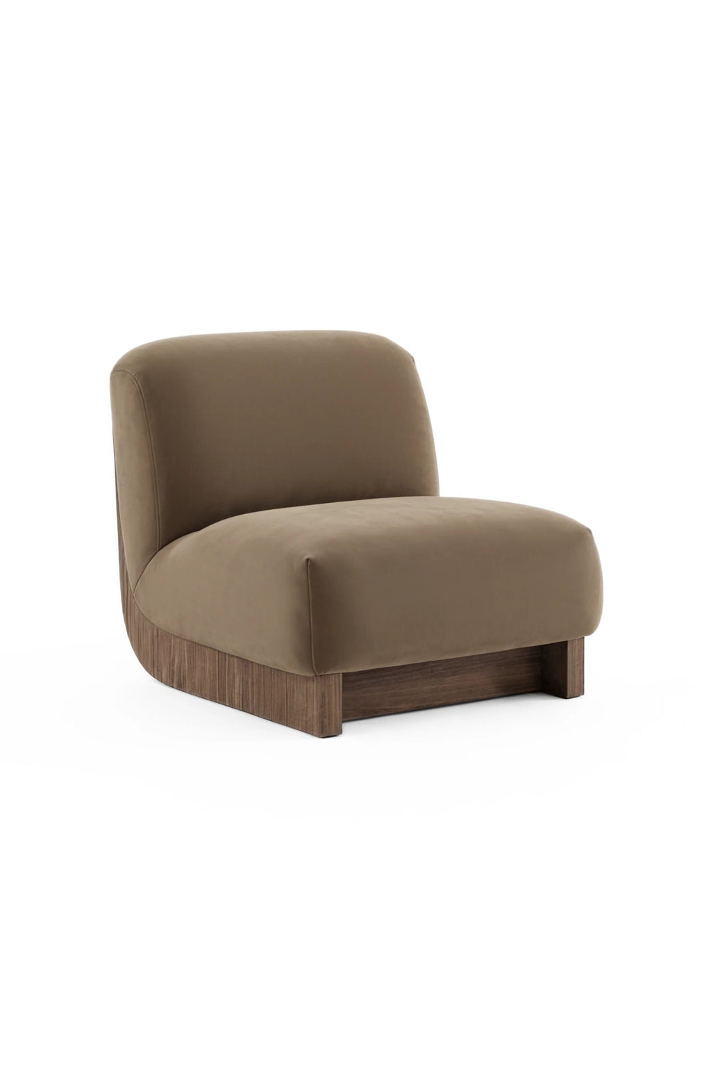 Laskasas Gandhi Lounge Chair, a contemporary low-profile accent chair featuring plush taupe velvet upholstery with a gently curved back and deep, inviting seat. This organic modern design sits atop a solid dark walnut wood base with striking vertical graining, creating a sophisticated contrast. Perfect as a minimalist lounge chair for living rooms or a stylish modular seating option in luxury interiors.