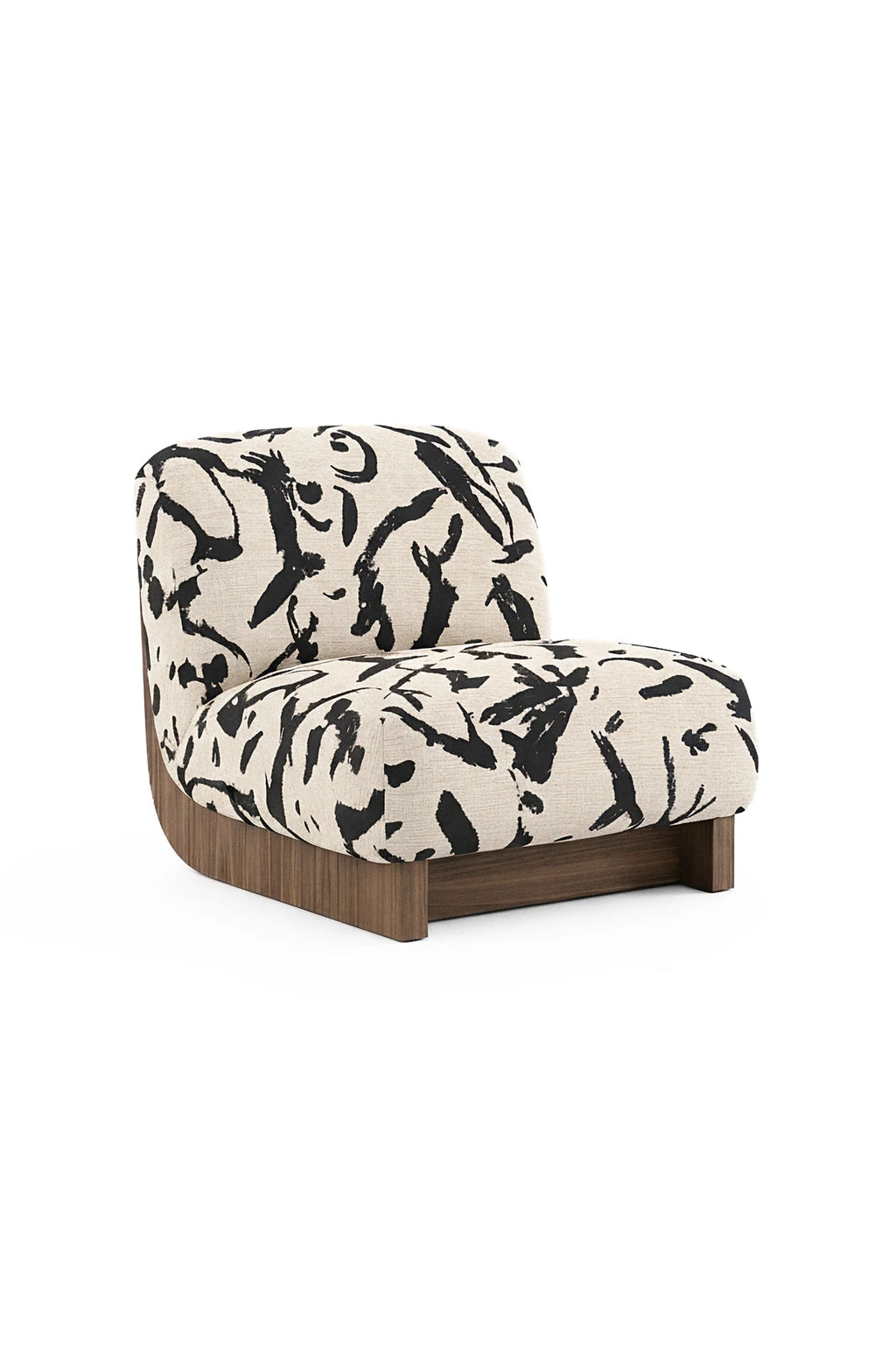 Laskasas Gandhi Lounge Chair, a contemporary armless lounge chair featuring plush cream upholstery with a bold black abstract brushstroke pattern. Its low-profile design is supported by a dark walnut solid wood base with a gently curved back and block feet, offering organic modern style. Perfect as a designer accent chair for living rooms or a stylish bedroom lounge chair.
