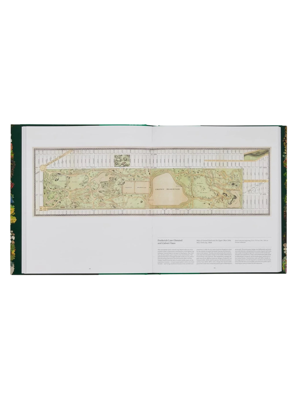 Book Garden, an open hardcover book displaying a detailed, antique-style map of Central Park and the Upper West Side of New York City, 1868, with surrounding text about Frederick Law Olmsted and Calvert Vaux. This premium art and history book is perfect for landscape architecture enthusiasts, urban historians, and those who appreciate iconic park designs.