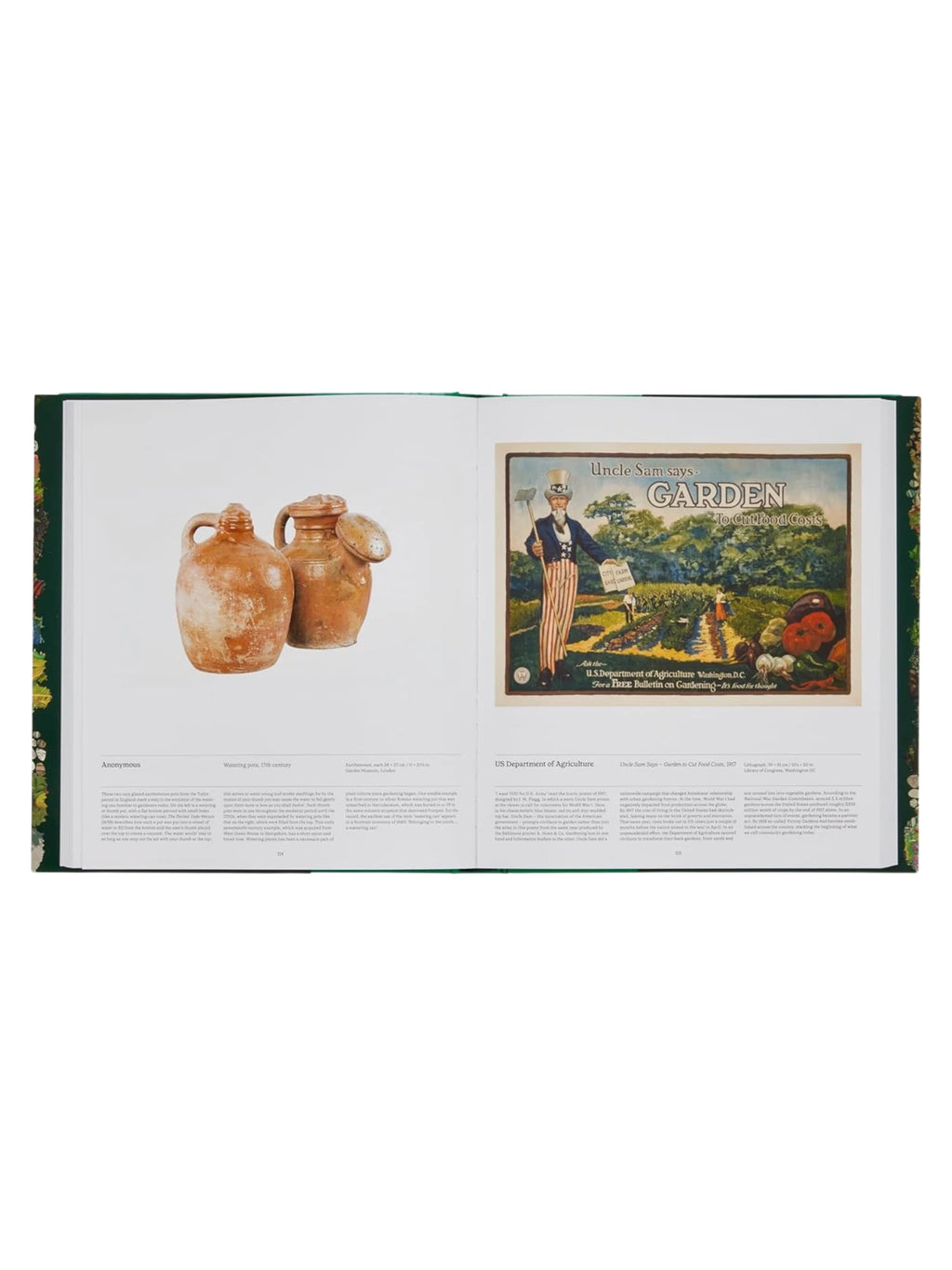 Book Garden, an open, hardcover book featuring high-quality color plates, including a vintage "Uncle Sam says - GARDEN To Cut Food Costs" poster and an image of two antique terracotta watering pots. This premium art and history book offers insightful content for gardening enthusiasts, history buffs, and collectors of beautiful printed works.