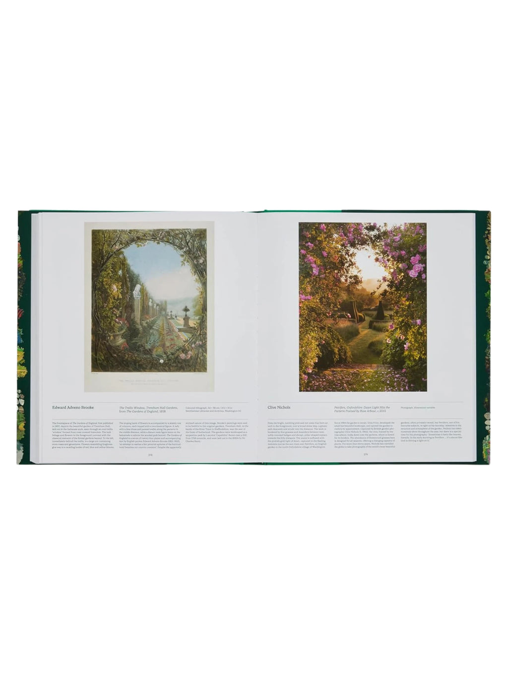 Book Garden, an open hardcover book displaying two beautiful, vibrant garden landscape illustrations on glossy white pages. This premium art book is perfect for garden enthusiasts and art lovers seeking inspiration or a visual escape.