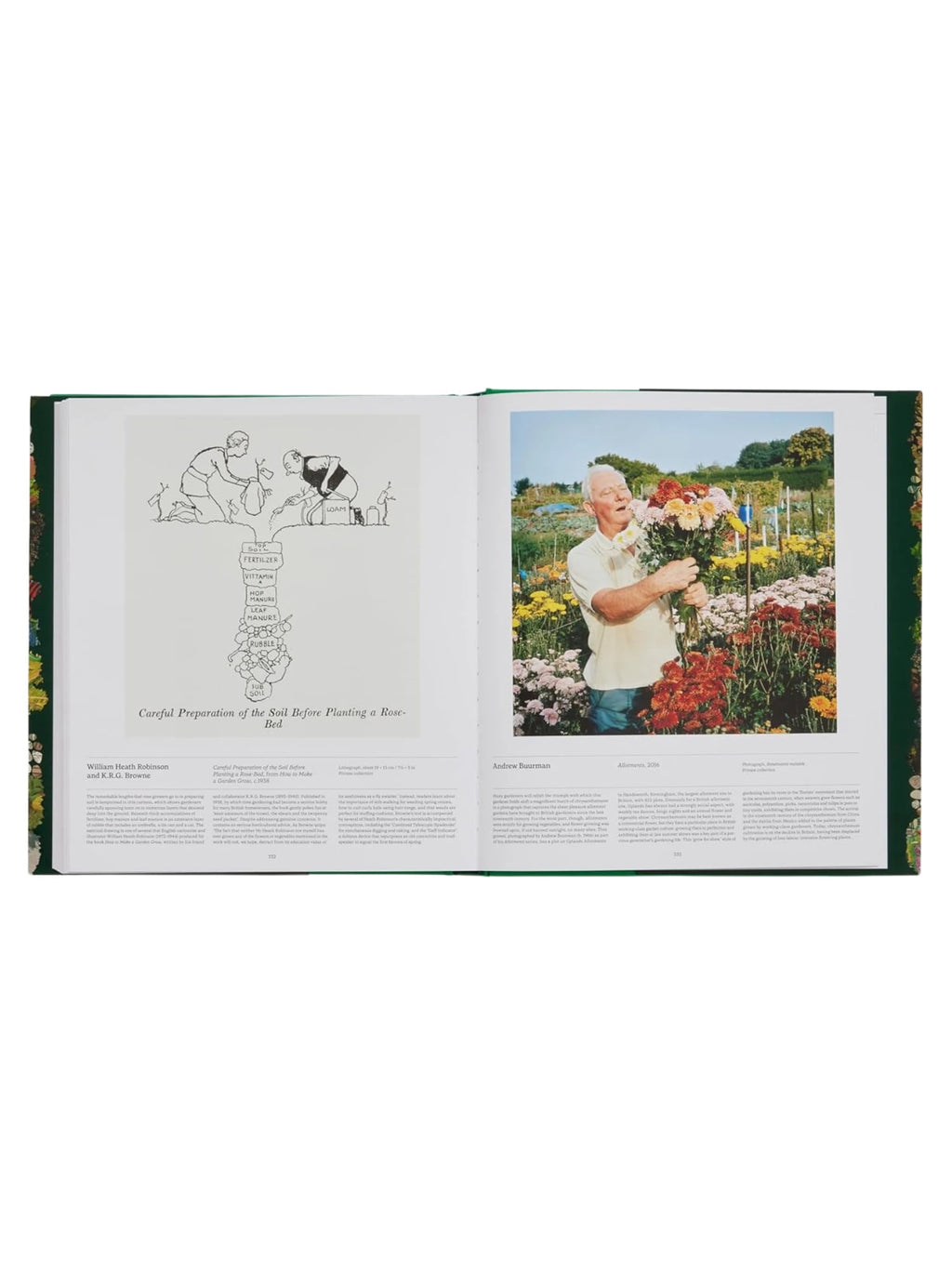 Book Garden, an open hardcover book displaying two vibrant pages: a vintage black and white illustration titled "Careful Preparation of the Soil Before Planting a Rose-Bed" on the left, and a colorful photograph of a smiling elderly man holding a large bouquet of cut flowers in a garden on the right. This engaging visual content makes it an ideal reference book for gardening enthusiasts and those interested in horticulture and garden design.