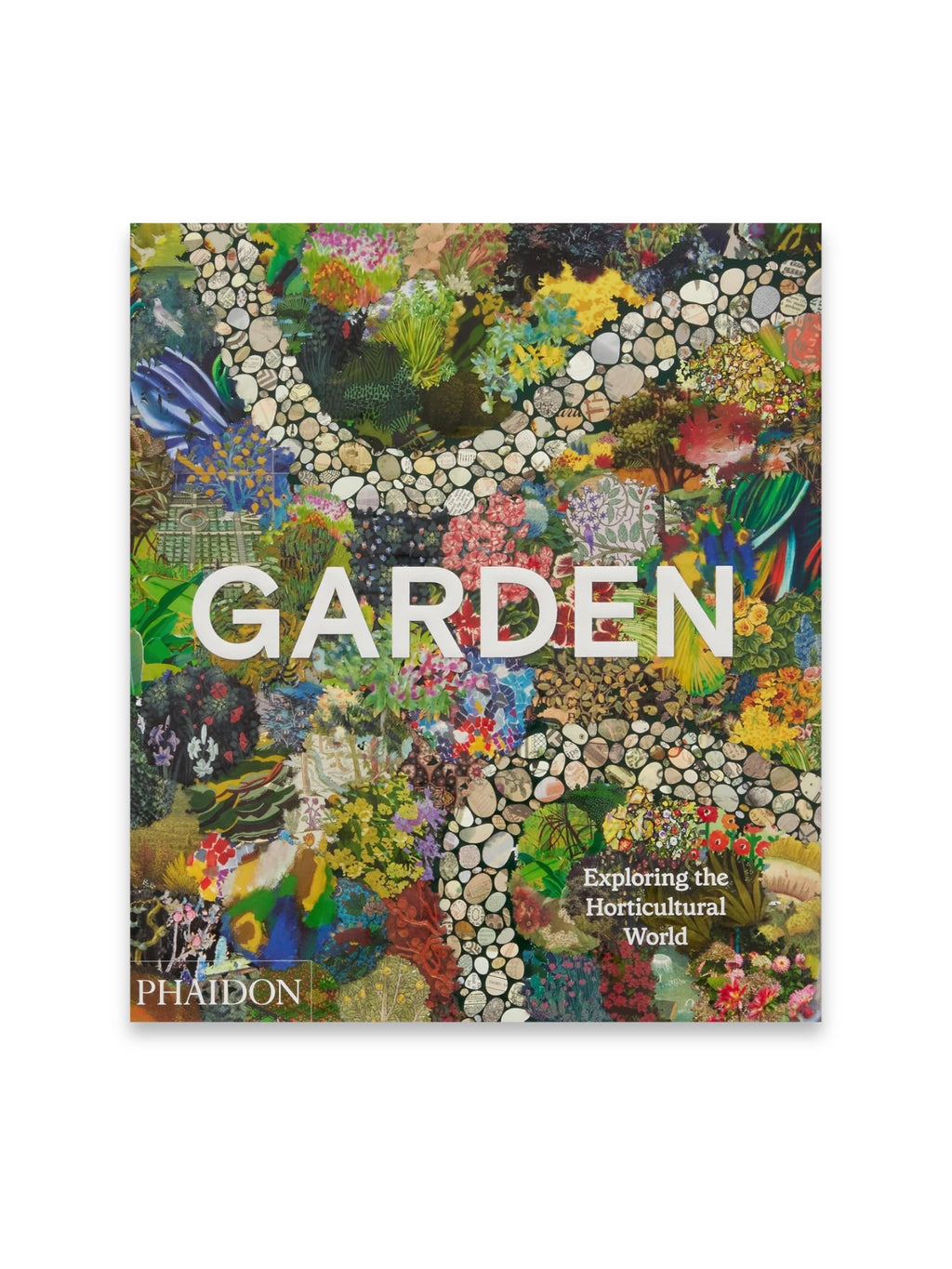 Book Garden, a vibrant hardcover book featuring a collage of colorful plants, flowers, and pebbles on its cover. This visually rich gardening book is perfect for horticultural enthusiasts and garden design inspiration.