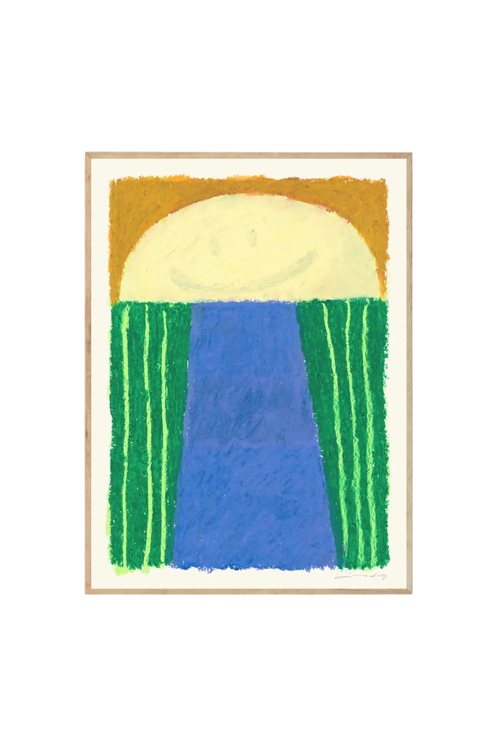The Poster Club Giggly Gills - Art Print, a vibrant pastel drawing featuring a large yellow smiling face, framed by a rust-orange top and vertical green stripes on either side of a blue shape. This playful and colorful wall art is perfect for adding a touch of modern whimsy to children's rooms or contemporary living spaces.