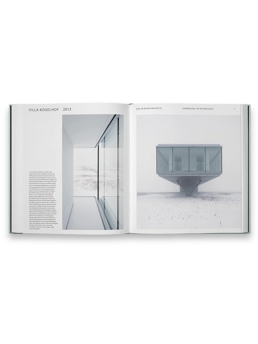 Book Glass Houses, an open architecture book featuring a stark white page with black text and a striking image of "Villa Kogelhof 2013" by Paul de Ruiter Architects. The spread highlights a modern, minimalist glass house floating above a snowy landscape, showcasing innovative architectural design. This visually rich book is perfect for architecture students, design professionals, and enthusiasts of contemporary home design.