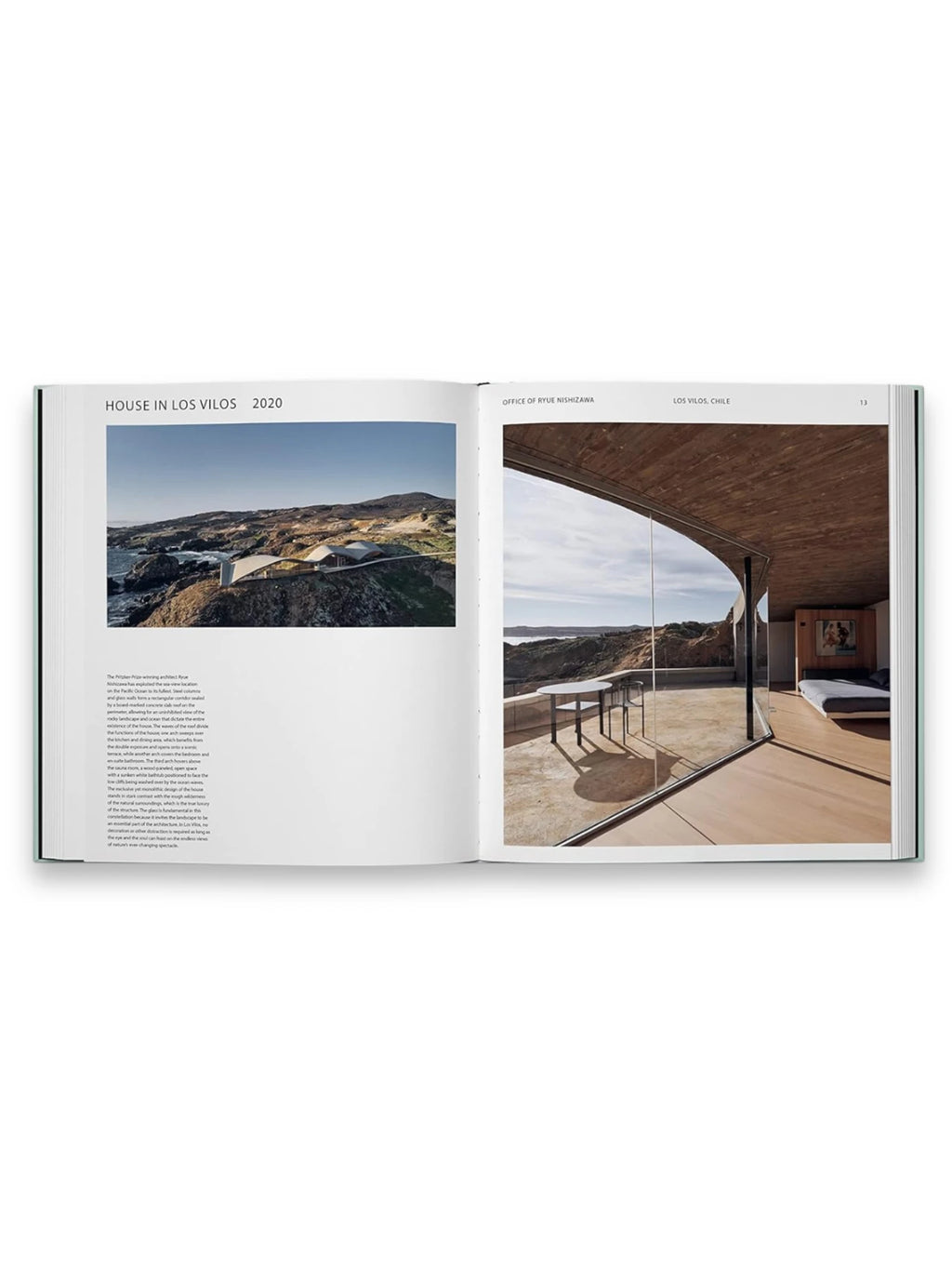 Book Glass Houses, an open architecture design book featuring a spread of "House in Los Vilos, Chile" by Ryue Nishizawa, showcasing stunning modern coastal architecture with curved glass walls, concrete ceilings, and breathtaking ocean views. This premium architectural book is perfect for design enthusiasts, students, and professionals seeking inspiration and insights into contemporary building design.