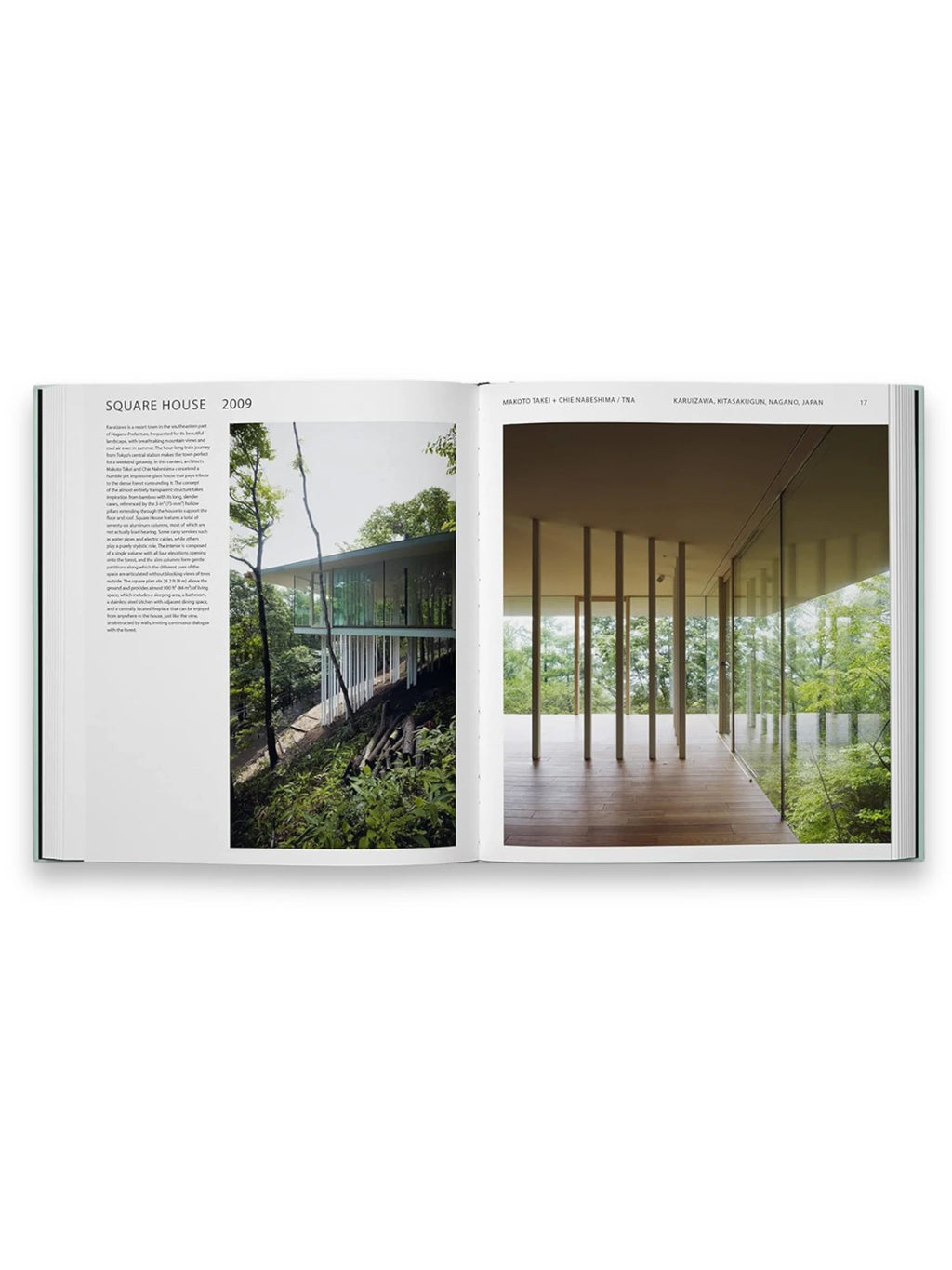 Book Glass Houses, an open architecture book displaying a modern "Square House" with full-page images of its minimalist interior and exterior glass walls overlooking a lush forest. This essential architecture book is perfect for design students, architects, and anyone interested in contemporary home design.