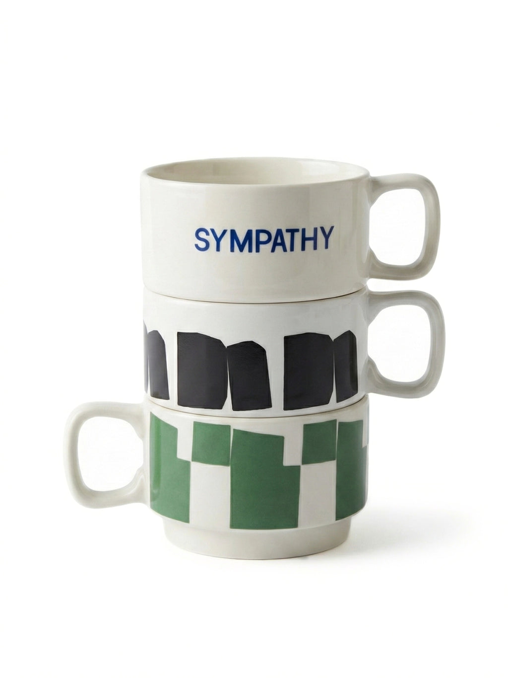 THAT COOL LIVING Graphic Coffee Mug - Set of 3, a collection of three stackable ceramic mugs in a cream finish, each featuring a unique modern graphic design.