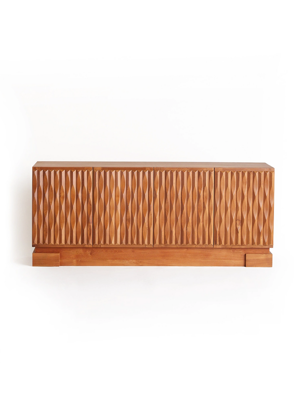 Heaps & Woods Luisa Console, a warm-toned solid wood console cabinet featuring four doors with striking hand-carved, wavy ribbed texture and a smooth rectangular top and base. This contemporary organic modern sideboard offers ample storage and a unique design aesthetic. Perfect as a statement piece in a living room, entryway, or dining room.