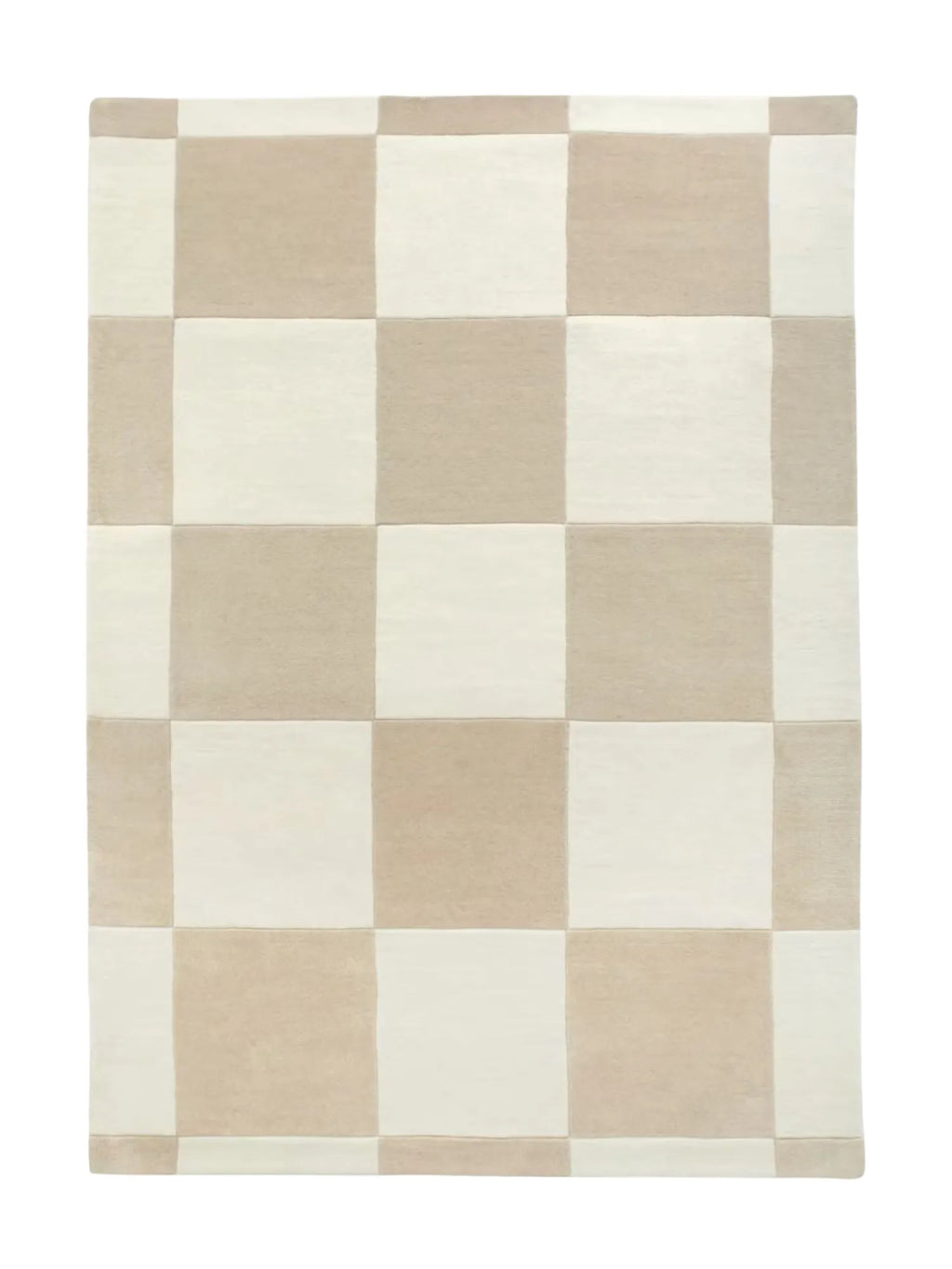 Tinted Objects Hafstrom Wool Rug, featuring a modern checkerboard pattern with alternating squares of light cream and soft beige. This luxurious, handcrafted wool rug is perfect for adding warmth and contemporary style to any living room, bedroom, or entryway.
