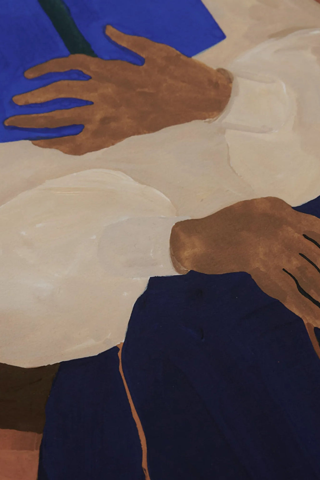 The Poster Club The Togo, an abstract art print featuring a striking composition of bold royal blue, deep navy, warm brown, and creamy off-white organic shapes, subtly hinting at human forms and hands. This contemporary wall art piece has a hand-painted texture, perfect for modern minimalist living rooms or as a unique bedroom accent.