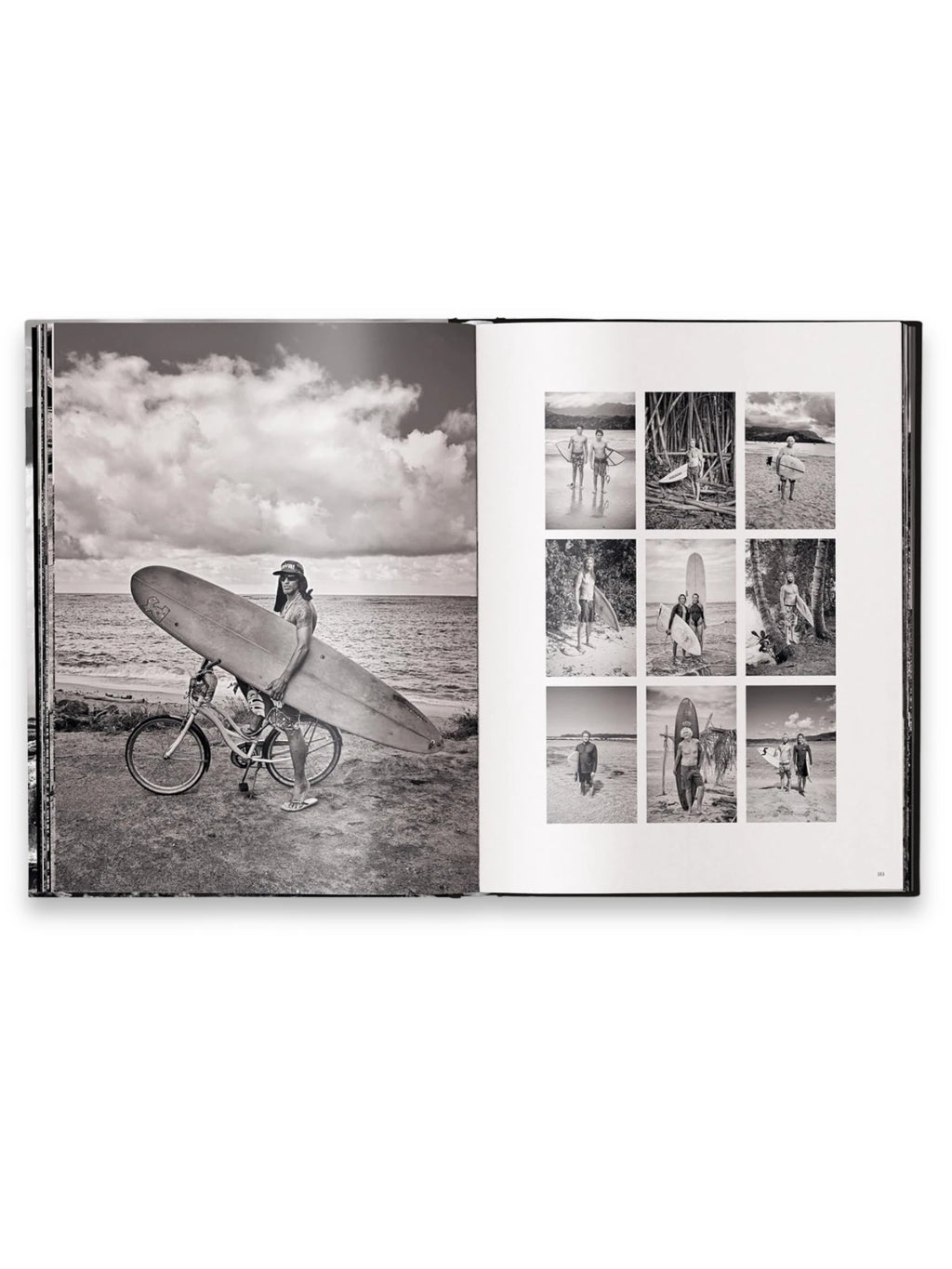 Book Hawaii, open hardcover book featuring black and white surfing photography. The left page shows a surfer with a longboard and bicycle on a beach, while the right page displays a grid of nine smaller photos of surfers and coastal scenes. This captivating photography book is ideal for surf enthusiasts and travel photography collectors.