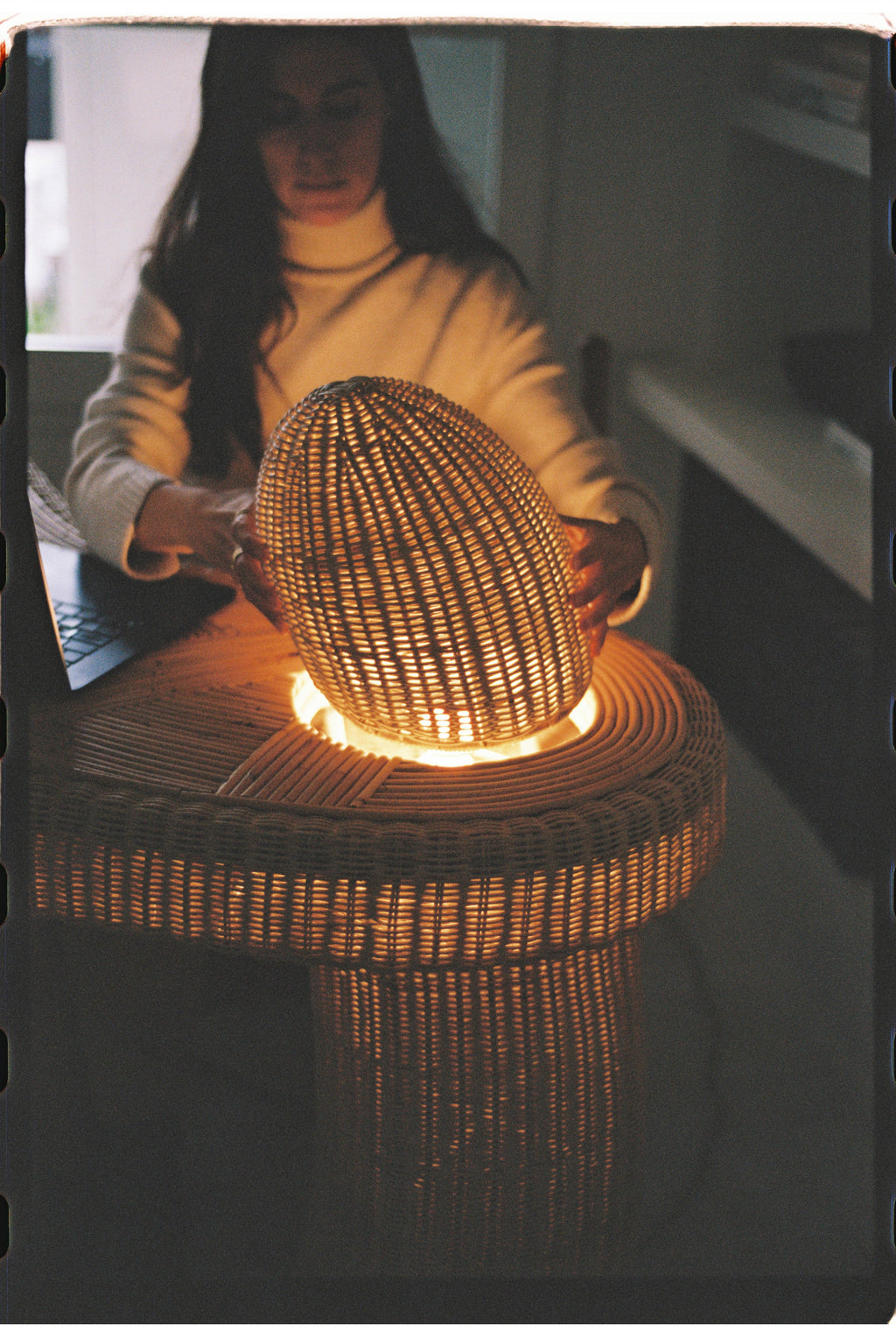 Heaps & Woods Asahan Desk, a beautifully handcrafted natural woven rattan desk featuring a round tabletop and a sturdy cylindrical base, showcasing intricate weaving patterns and a warm, organic texture.