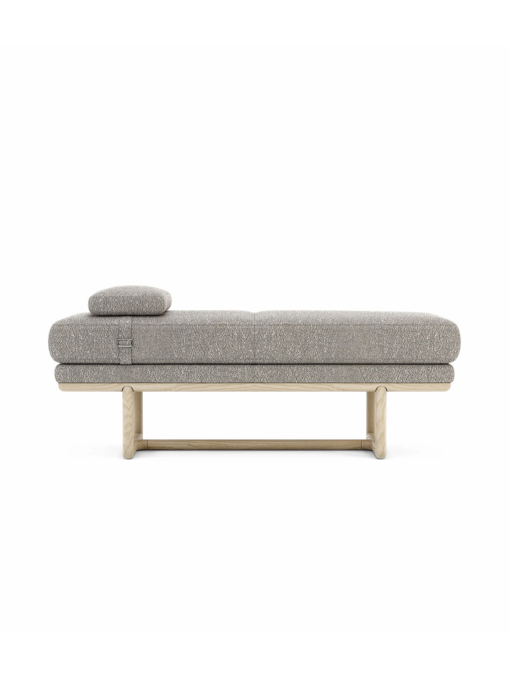 Domkapa Henry Bench, a modern minimalist upholstered bench featuring a plush, rounded cushion in a speckled light grey fabric, paired with a sleek natural wood frame. The solid wood base has clean, organic lines, supporting the soft textured fabric upholstery and a matching bolster pillow secured with a subtle strap. Ideal as a stylish daybed for living rooms, an entryway bench, or a sophisticated bedroom accent in Scandinavian or contemporary homes.