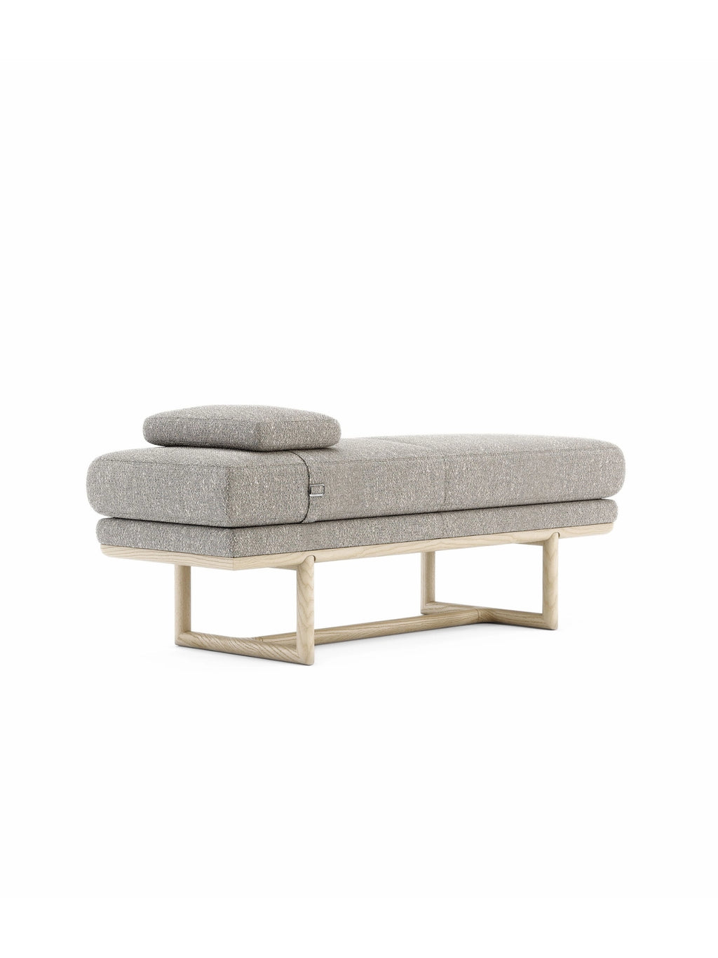 Domkapa Henry Bench, a modern minimalist upholstered bench featuring a light natural oak solid wood frame with a sleek open base and plush grey textured fabric cushions. This contemporary daybed includes a movable bolster cushion for versatile seating, perfect for lounging or extra seating. Ideal for Scandinavian living rooms, modern entryways, or as a sophisticated bedroom accent piece.