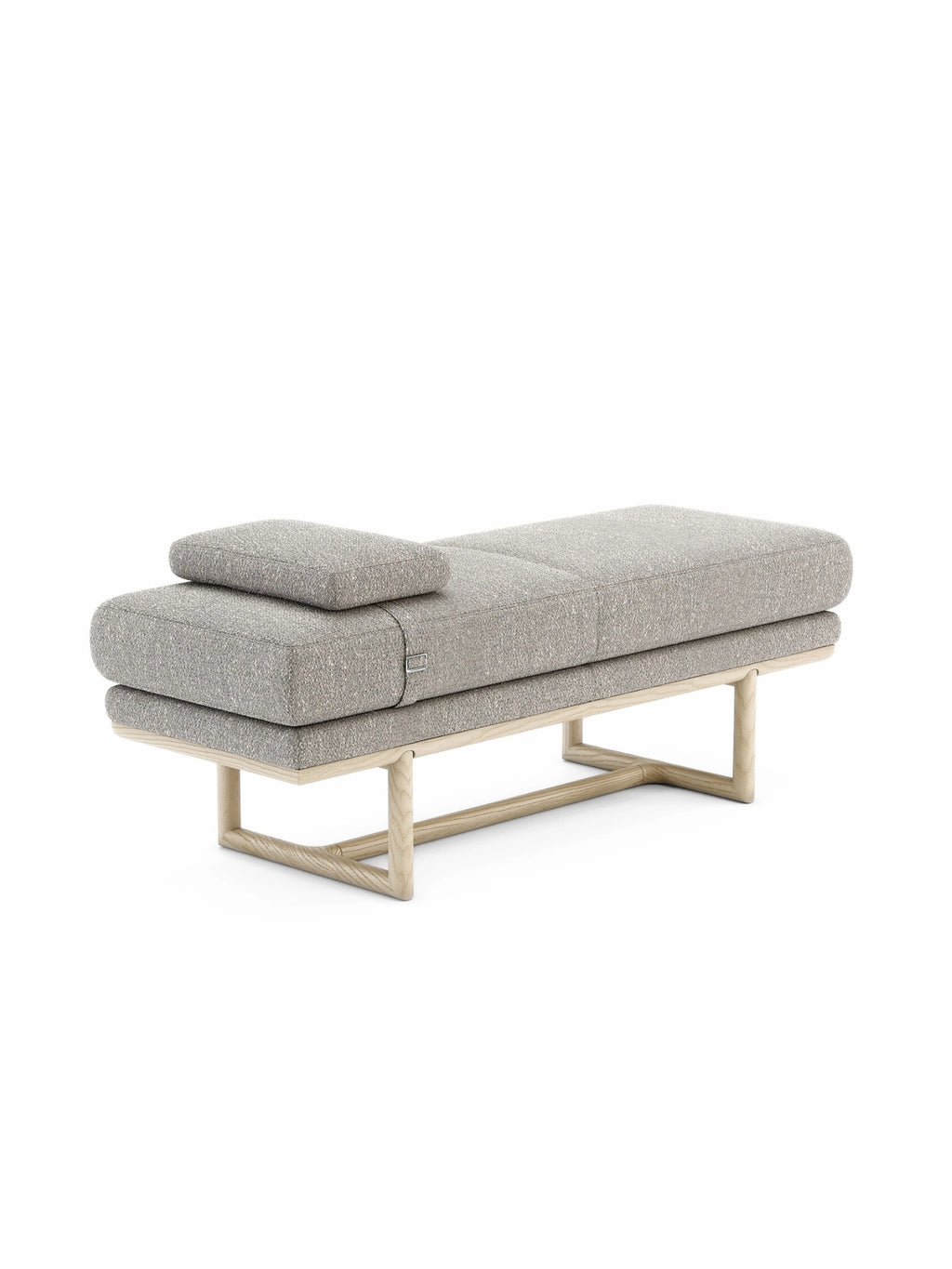 Domkapa Henry Bench, a modern minimalist daybed featuring plush greige textured fabric upholstery with clean lines, supported by a light natural solid oak wood frame with an open, architectural base. This versatile Scandinavian-inspired bench includes a matching removable bolster cushion, ideal for contemporary living rooms, bedrooms, or stylish entryways.