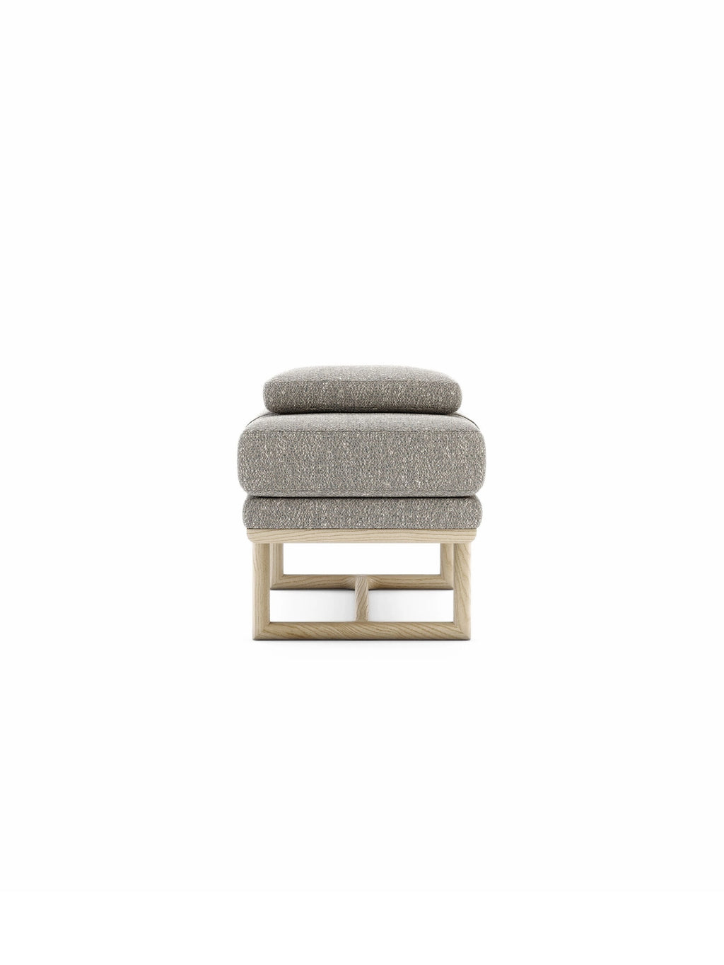 Domkapa Henry Bench, a modern minimalist upholstered bench featuring a light natural solid wood frame with a rectangular open base, supporting two stacked cushions. The plush cushions are upholstered in a textured grey and taupe speckled fabric, offering soft, comfortable seating. This Scandinavian-inspired piece is perfect as an entryway bench, bedroom accent, or stylish living room ottoman.