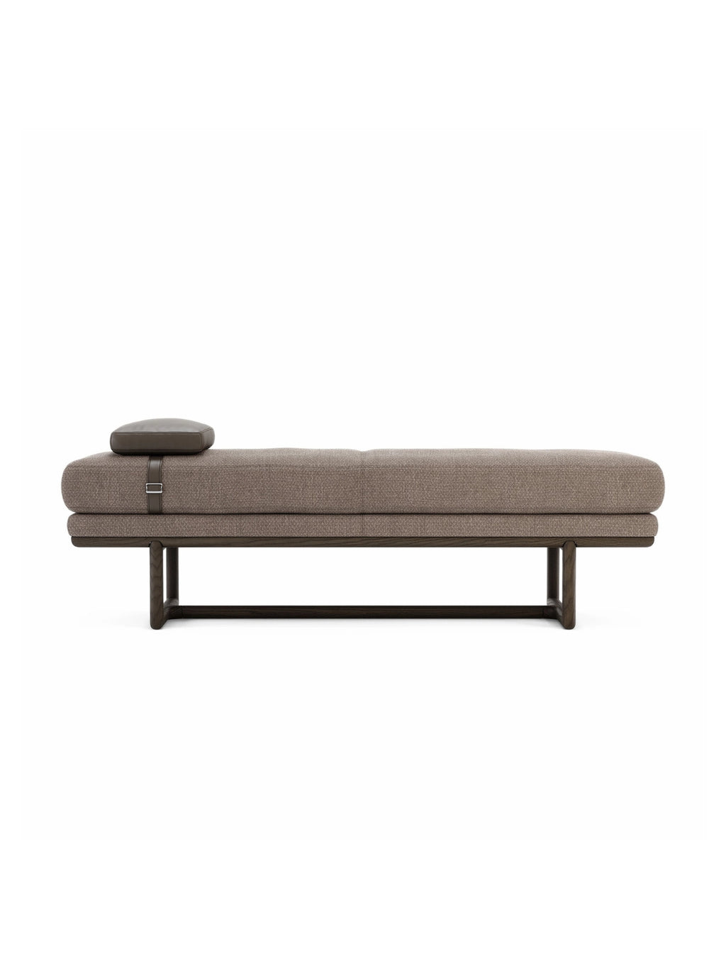 Domkapa Henry Bench, a modern upholstered bench featuring plush brown textured fabric upholstery with softly rounded edges, supported by a sleek dark brown solid wood frame. It includes a distinctive dark brown leather accent pillow secured by a strap, offering a touch of sophisticated detail.