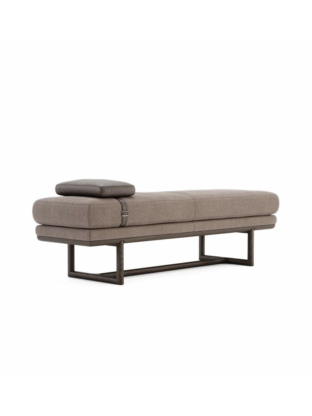 Domkapa Henry Bench, a contemporary upholstered daybed or bench featuring a plush, rectangular cushion in a neutral taupe woven fabric with subtle texture, supported by a dark brown solid wood frame.