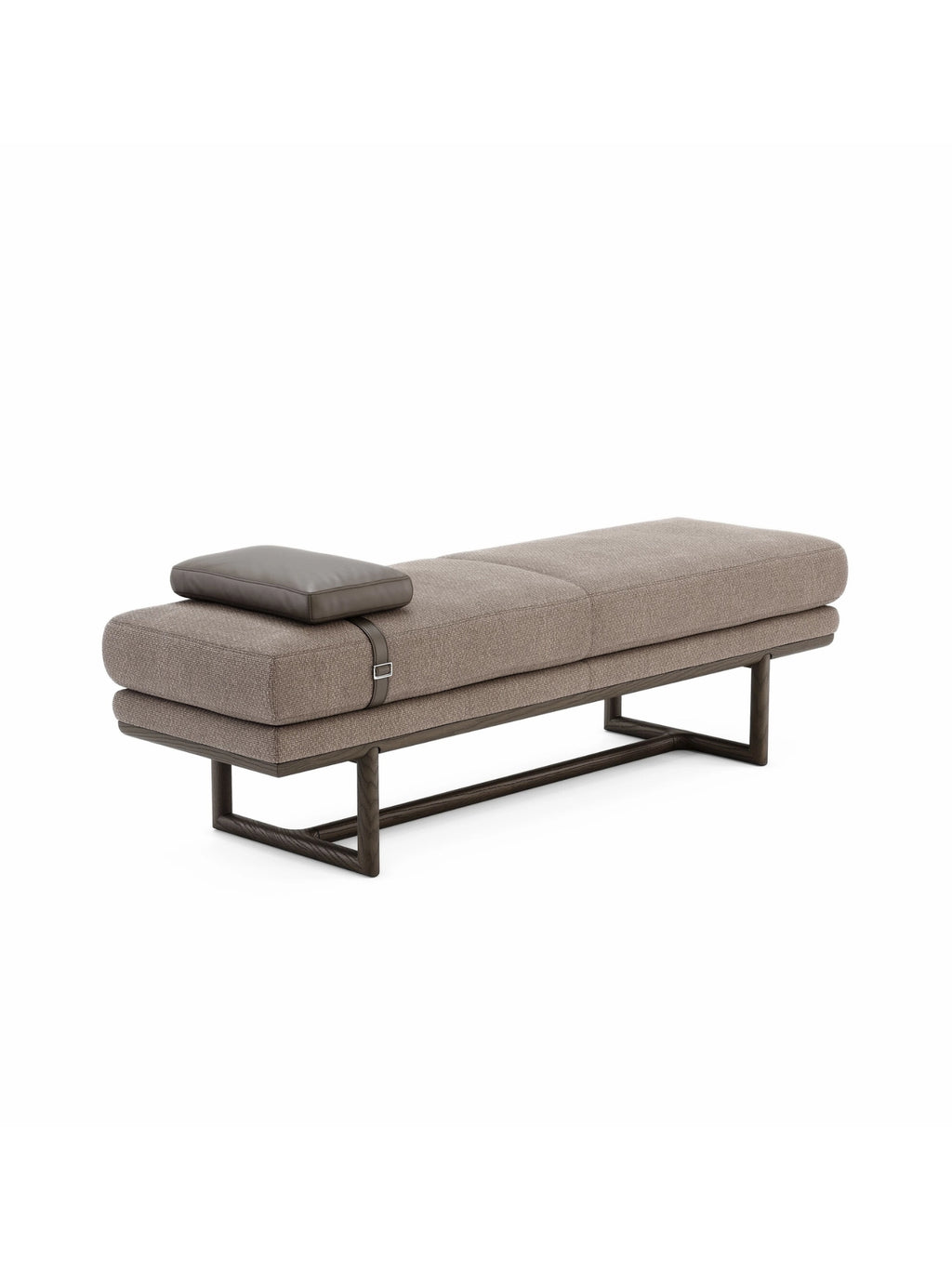 Domkapa Henry Bench, a sleek modern upholstered bench featuring a rectangular silhouette in a warm greige textured woven fabric, complemented by a removable dark brown leather pillow secured with a matching leather strap and metal buckle. It sits atop a minimalist dark brown solid wood base with a contemporary open frame design. Perfect as an entryway bench, living room daybed, or bedroom accent for modern minimalist and organic modern interiors.
