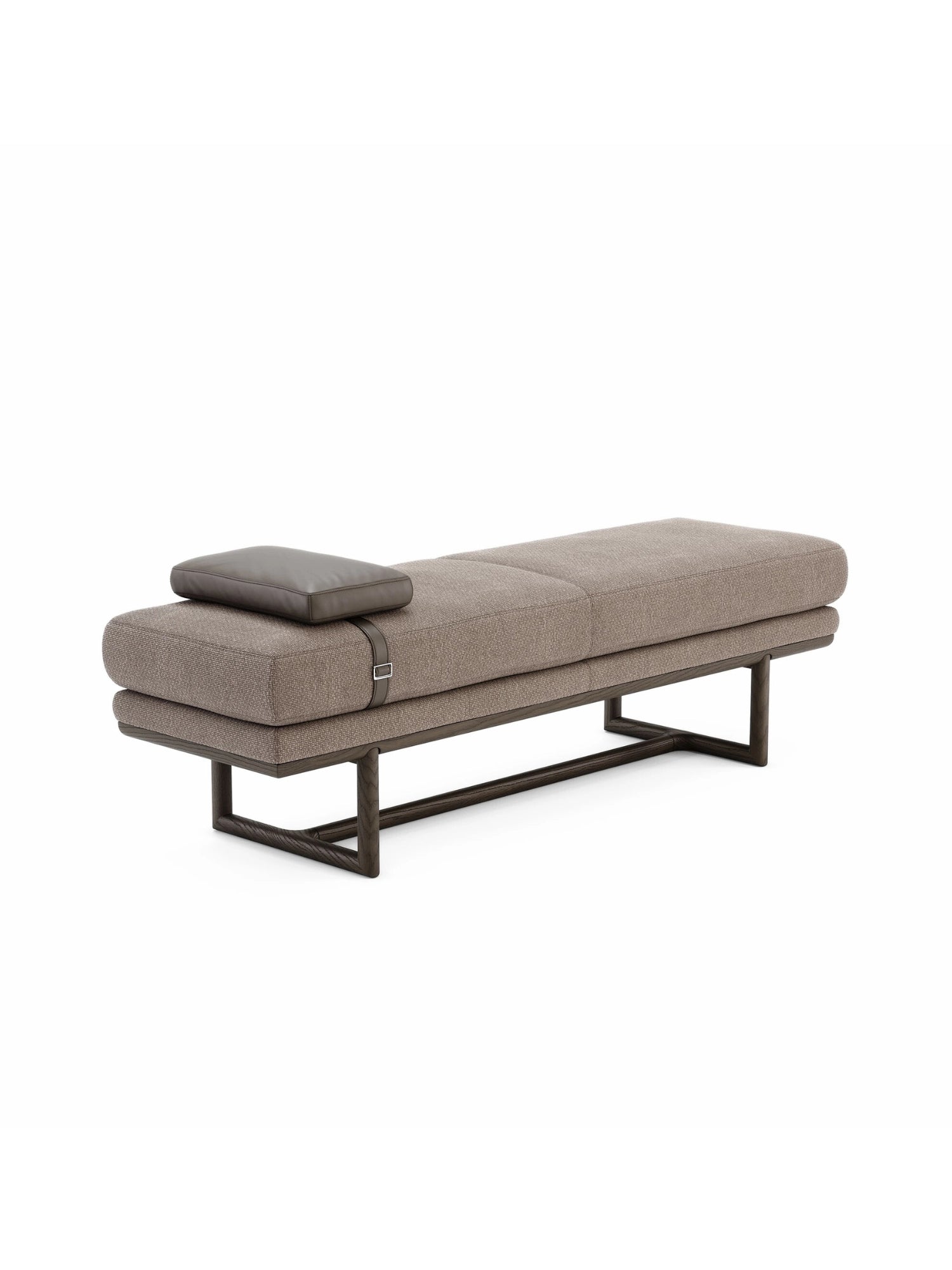 Domkapa Henry Bench, a sleek modern upholstered bench featuring a rectangular silhouette in a warm greige textured woven fabric, complemented by a removable dark brown leather pillow secured with a matching leather strap and metal buckle. It sits atop a minimalist dark brown solid wood base with a contemporary open frame design. Perfect as an entryway bench, living room daybed, or bedroom accent for modern minimalist and organic modern interiors.