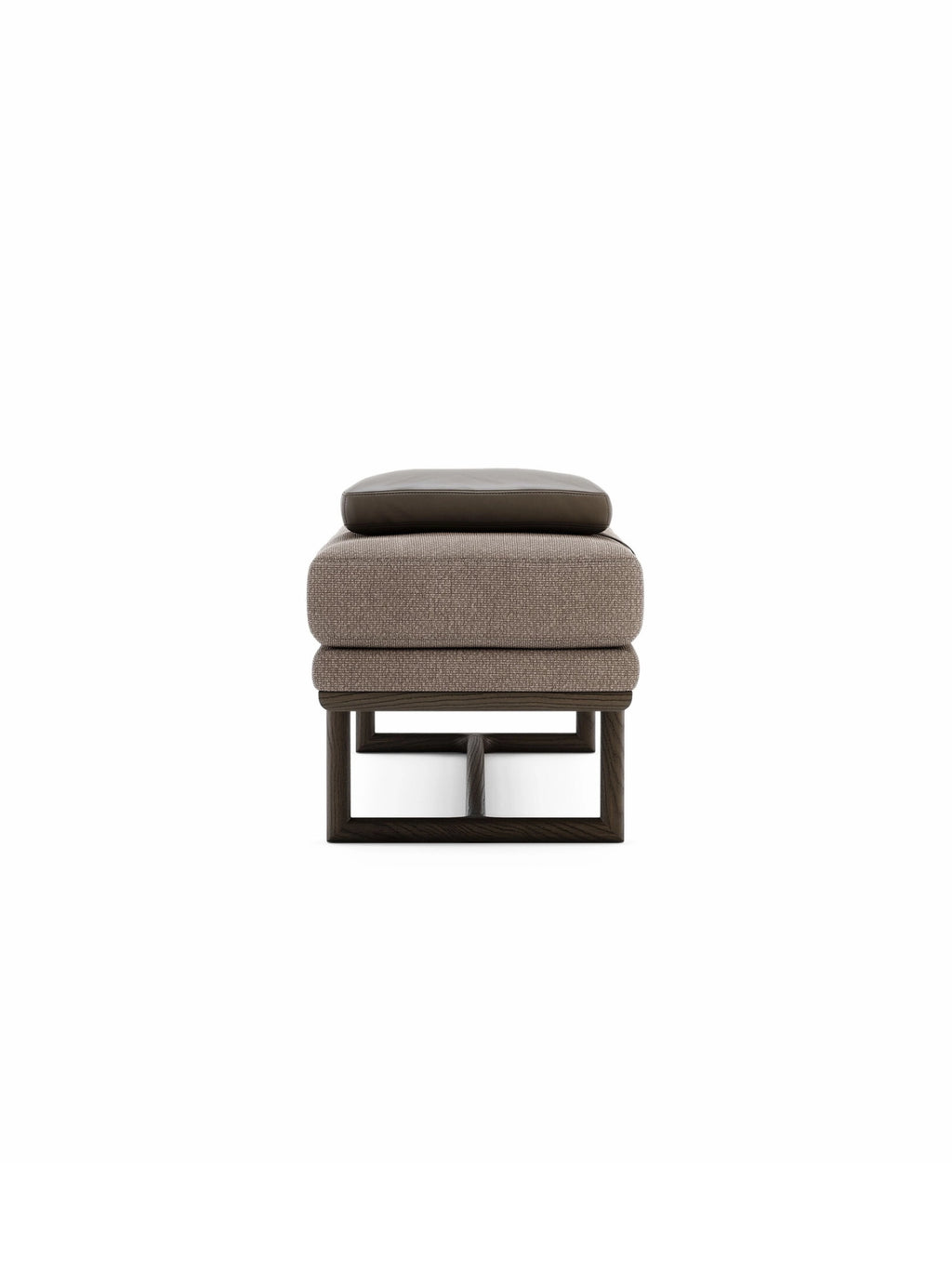 Domkapa Henry Bench, a modern minimalist upholstered bench featuring a dark brown solid wood frame with a lower open rectangular base, a plush main cushion in textured taupe woven fabric, and a smaller, rounded dark brown leather top cushion. This contemporary seating piece is ideal as a stylish entryway bench, living room ottoman, or bedroom accent for design-conscious interiors.