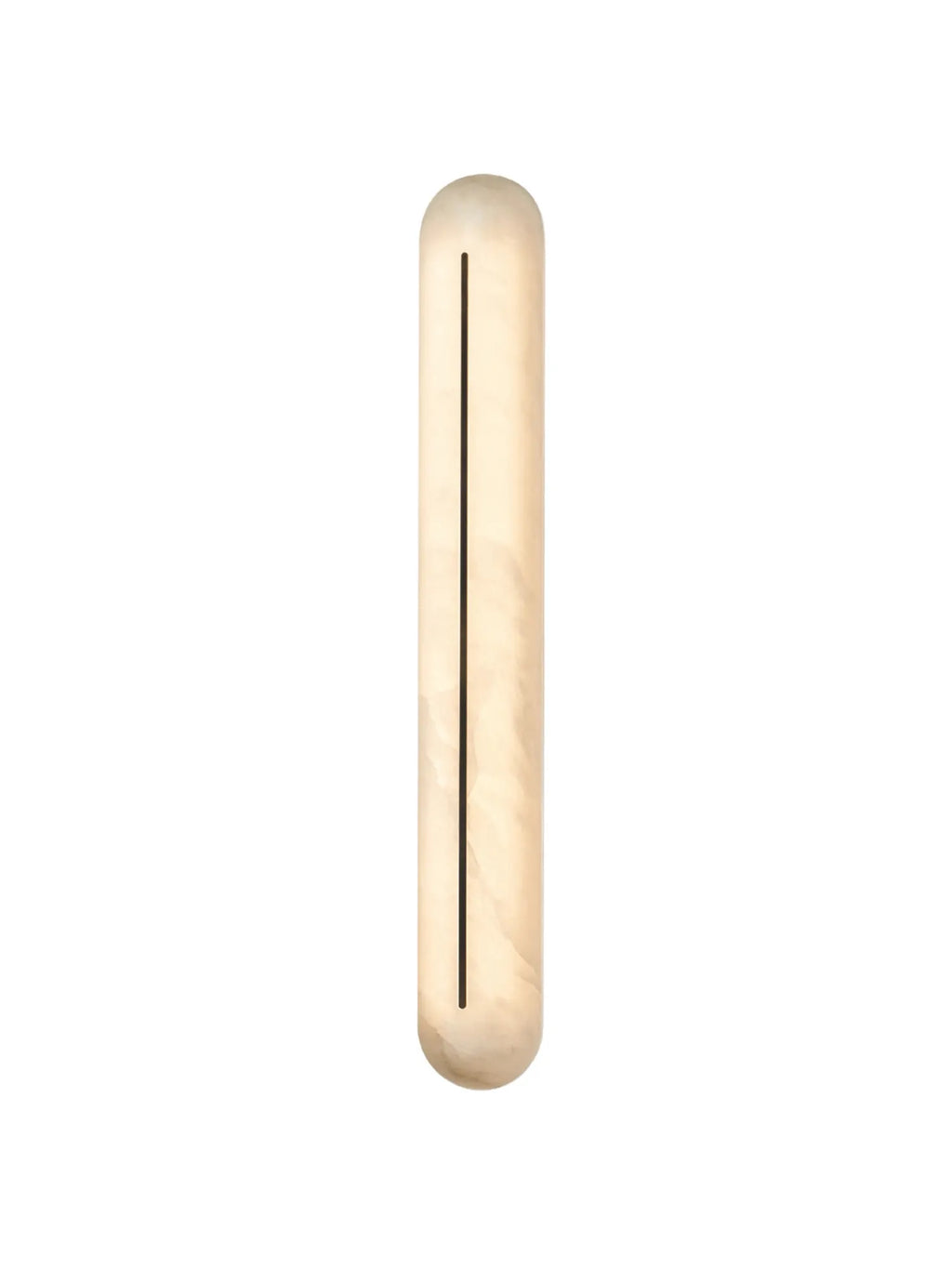 CTO Lighting Hepworth Tall Wall Light, a modern minimalist alabaster wall sconce featuring a tall, slender rectangular profile with softly rounded ends and natural cream veining. This luxury lighting fixture emits a warm glow through its translucent stone, accented by a contrasting dark vertical slot. Ideal for contemporary living rooms, elegant bedrooms, or sophisticated entryways seeking organic modern design.