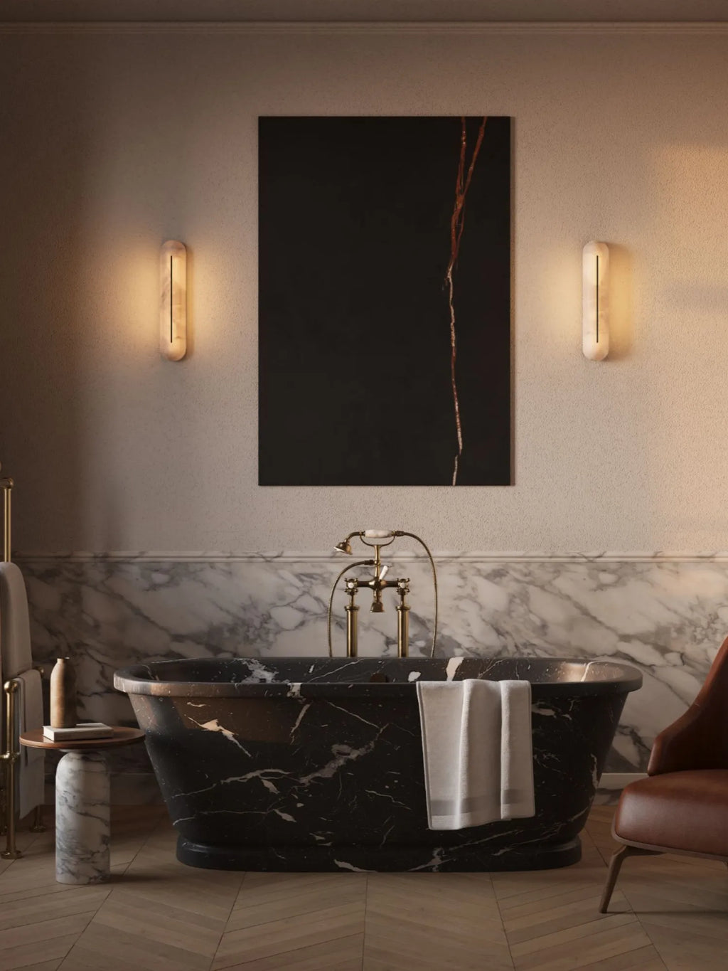 CTO Lighting Hepworth Wall Light, a luxurious modern wall light crafted from translucent natural alabaster stone in a warm cream hue, featuring an elongated pill shape with a distinctive vertical slot illuminating from within. This elegant contemporary sconce provides soft ambient lighting, perfect for creating a sophisticated atmosphere in luxury bathrooms, modern bedrooms, or chic entryways.