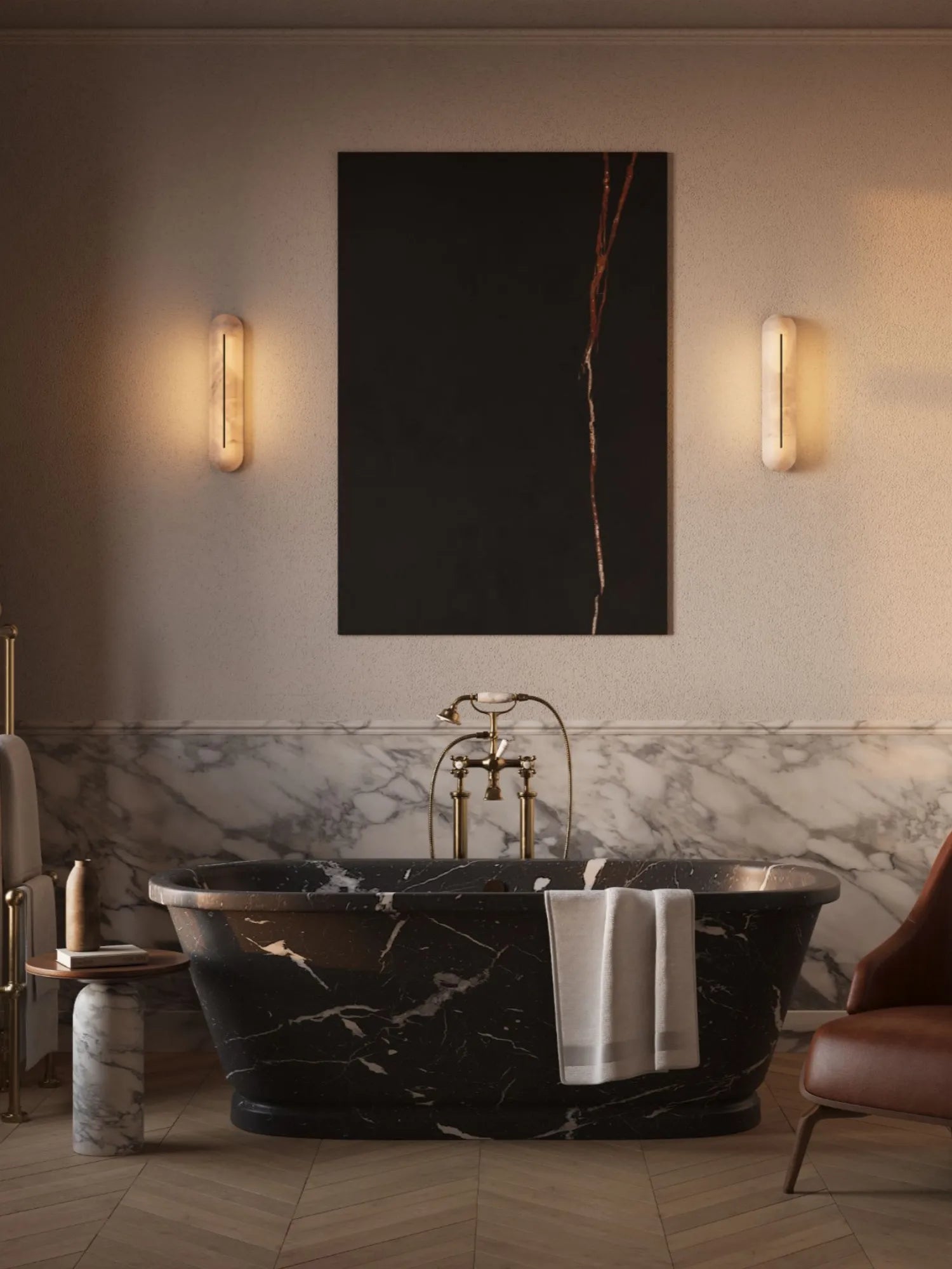 CTO Lighting Hepworth Wall Light, a luxurious modern wall light crafted from translucent natural alabaster stone in a warm cream hue, featuring an elongated pill shape with a distinctive vertical slot illuminating from within. This elegant contemporary sconce provides soft ambient lighting, perfect for creating a sophisticated atmosphere in luxury bathrooms, modern bedrooms, or chic entryways.