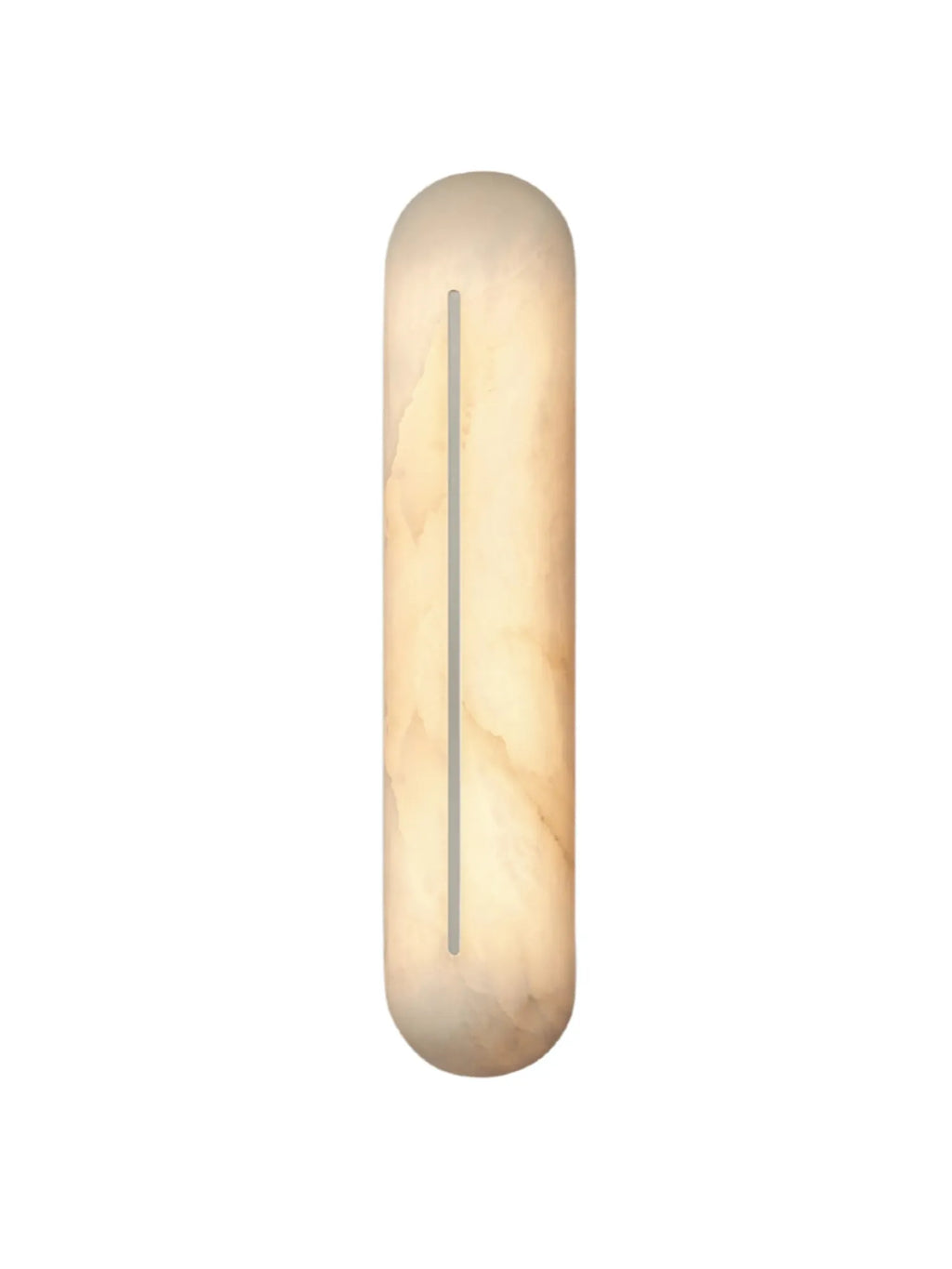 CTO Lighting Hepworth Wall Light, a luxurious modern wall sconce crafted from luminous natural alabaster stone, featuring a sleek capsule shape with warm cream and amber veining and a distinctive central metal column.