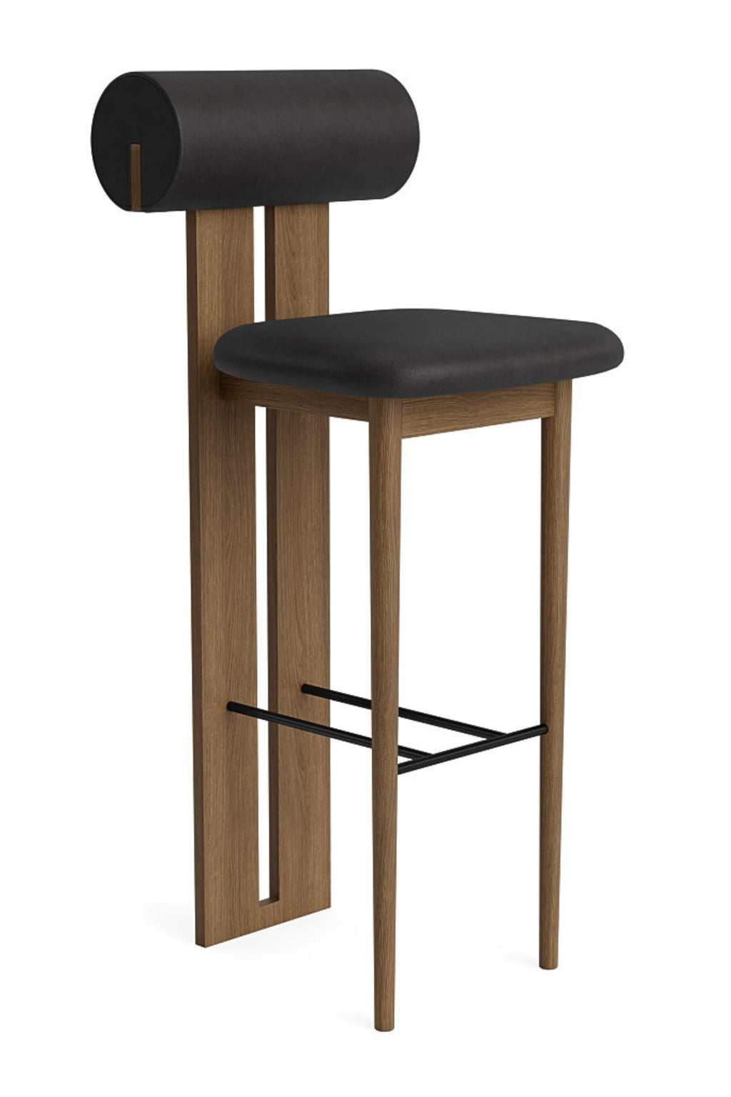 NORR11 Hippo Bar Chair, 75cm height, with a light smoked oak frame and a sleek, dark gray Dunes Anthracite leather seat and cylindrical backrest, displayed on a clean white background. This premium chair provides a modern, refined aesthetic.