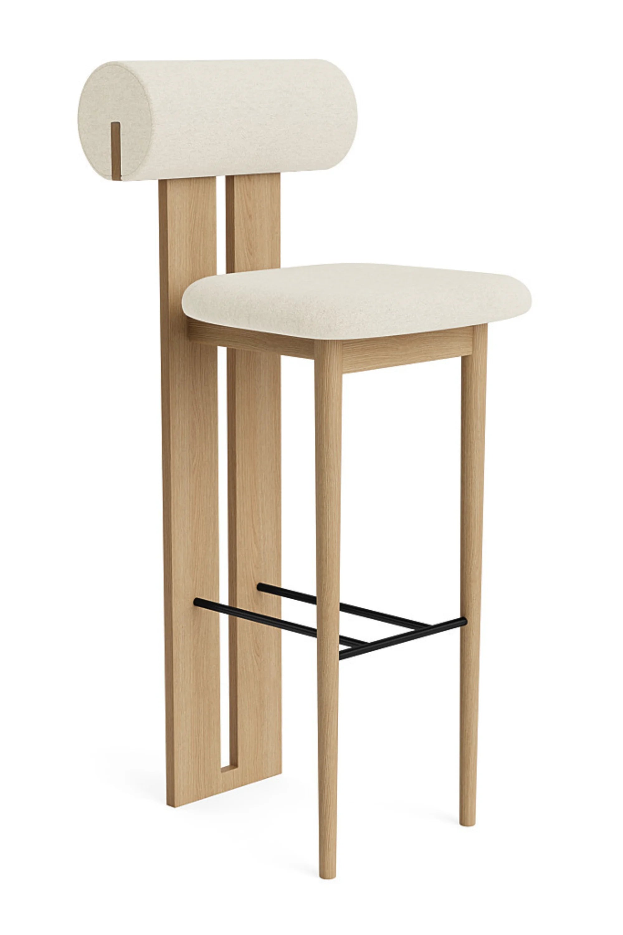 Wooden bar stool with white cushioned seat and backrest on a white background