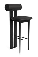Black bar stool with cushioned seat on a white background