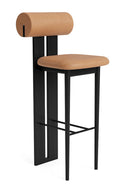 Bar stool with wooden seat and backrest on a white background
