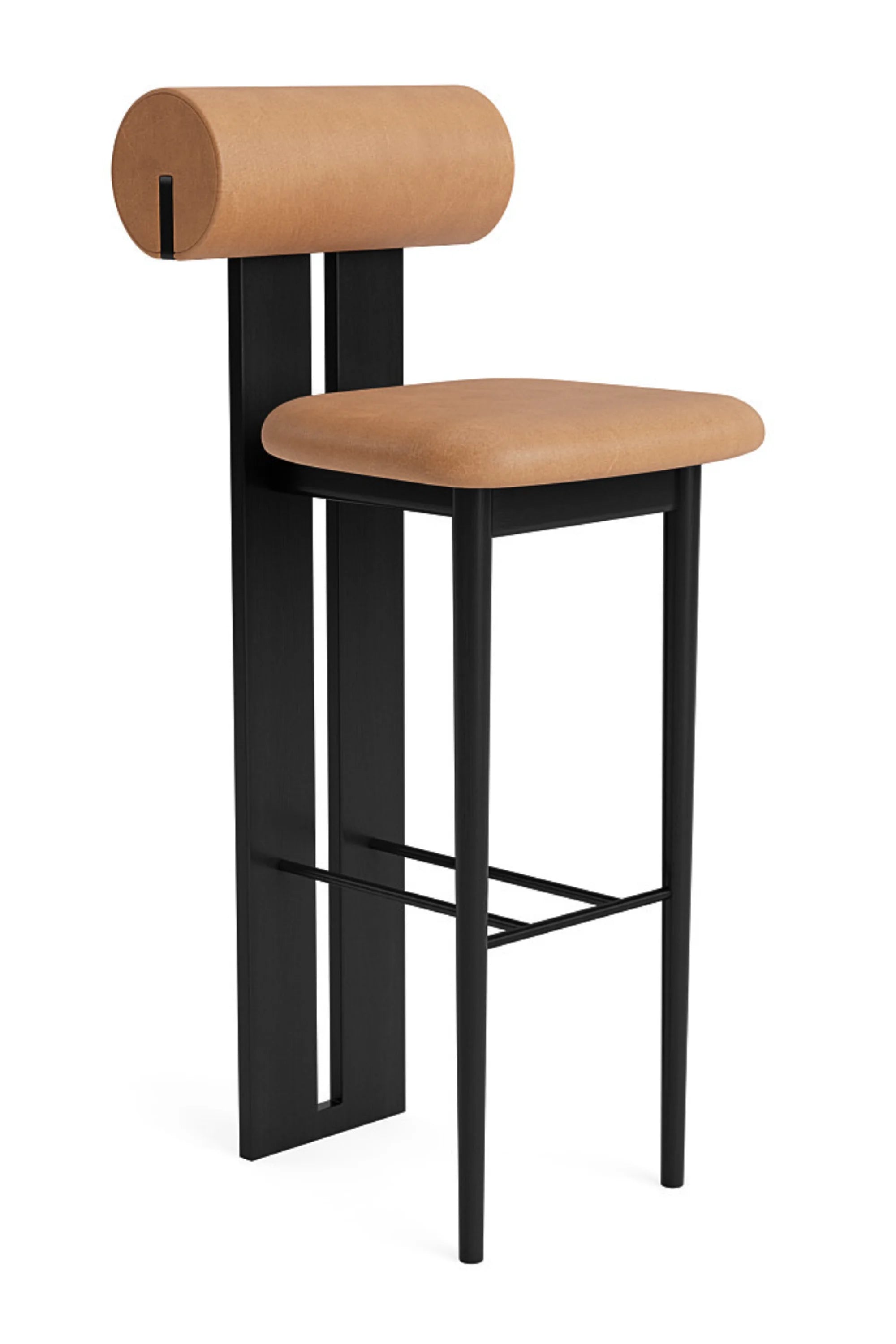 Bar stool with wooden seat and backrest on a white background