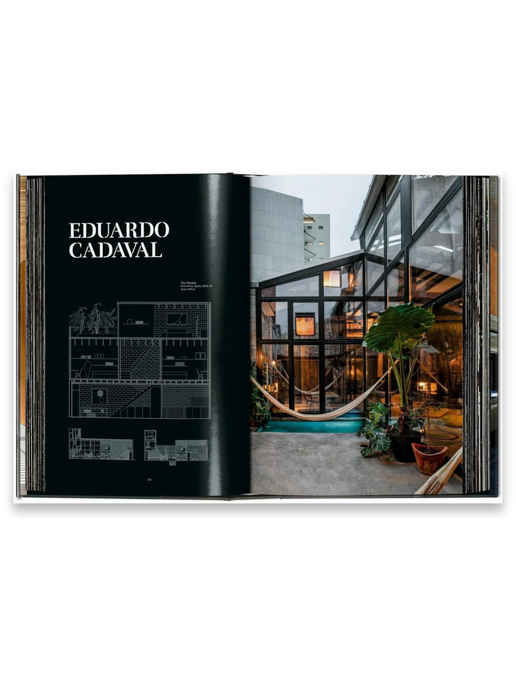 Book Homes for Our Time. Vol. 2, an open spread showcasing a dark page with white architectural drawings and the name "EDUARDO CADAVAL" alongside a vibrant photograph of a modern glass-enclosed interior with a hammock and potted plants. This premium architecture book is perfect for design enthusiasts, students, and professionals seeking inspiration and contemporary home designs.
