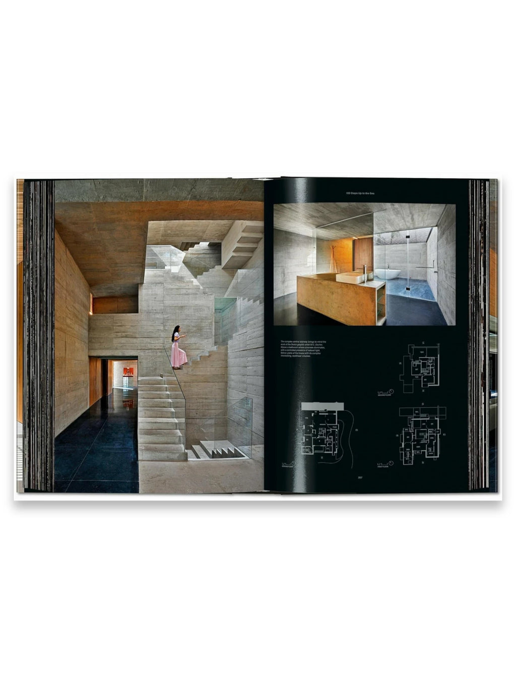 Book Homes for Our Time. Vol. 2, an open architectural design book showcasing modern concrete and wood interiors with a woman on a staircase and detailed floor plans. This premium hardcover book is an excellent resource for architecture enthusiasts and design professionals seeking contemporary home inspiration.