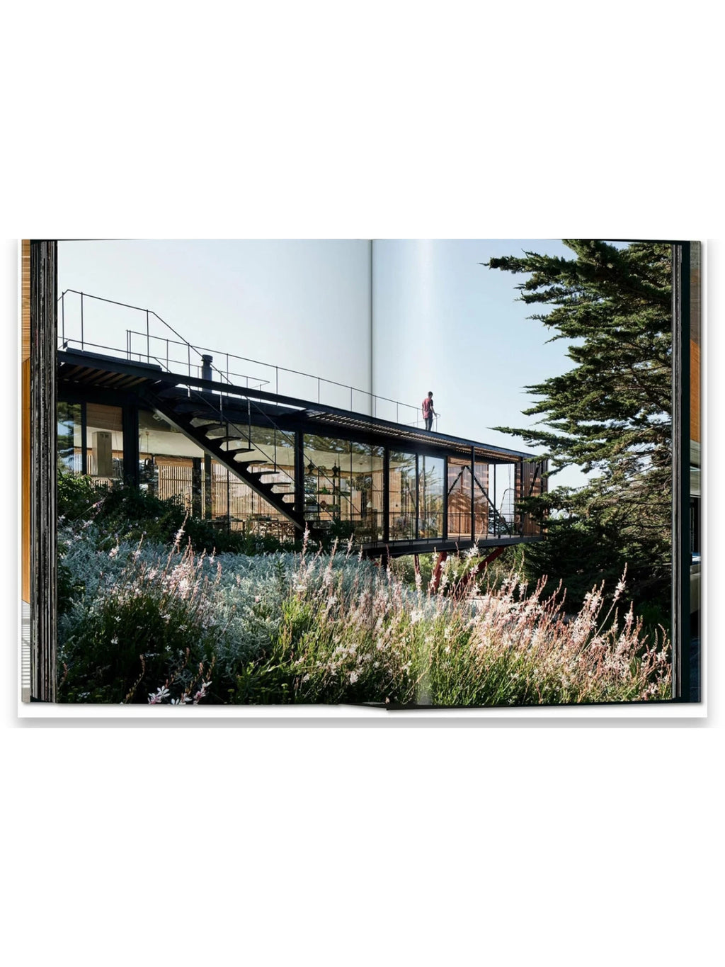 Book Homes for Our Time. Vol. 2, an open book displaying a stunning modern glass house with black metal framing, an exterior staircase, and a person on the rooftop balcony. Surrounding the contemporary architectural design are lush green and silver foliage with delicate white and pink flowers, set against a clear blue sky. This architecture book is perfect for design enthusiasts and professionals seeking inspiration from luxury, innovative home designs.