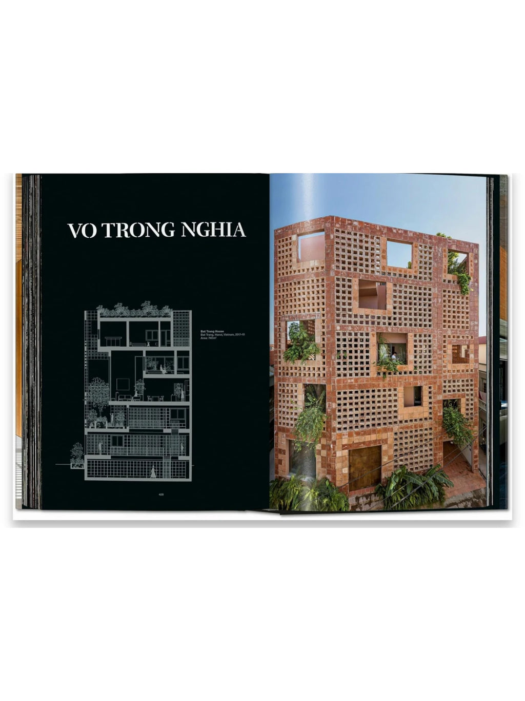 Book Homes for Our Time. Vol. 2, displaying an open page with a striking modern brick house in Vietnam, featuring a perforated facade and lush integrated greenery. This essential architecture book is perfect for design enthusiasts, students, and professionals seeking innovative residential design inspiration.
