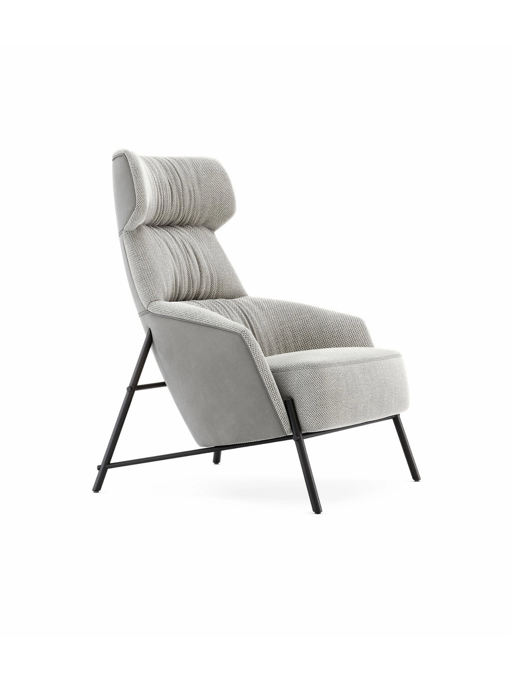 Domkapa Hubert Armchair, a sophisticated contemporary lounge chair featuring a high back with a distinctive pleated and textured light grey fabric upholstery, complemented by smooth solid grey fabric on the sides and back. This modern accent chair is supported by a sleek matte black metal frame with angled legs, offering ergonomic comfort and stylish design. Ideal as a luxurious reading chair or elegant living room furniture for contemporary and modern interiors.