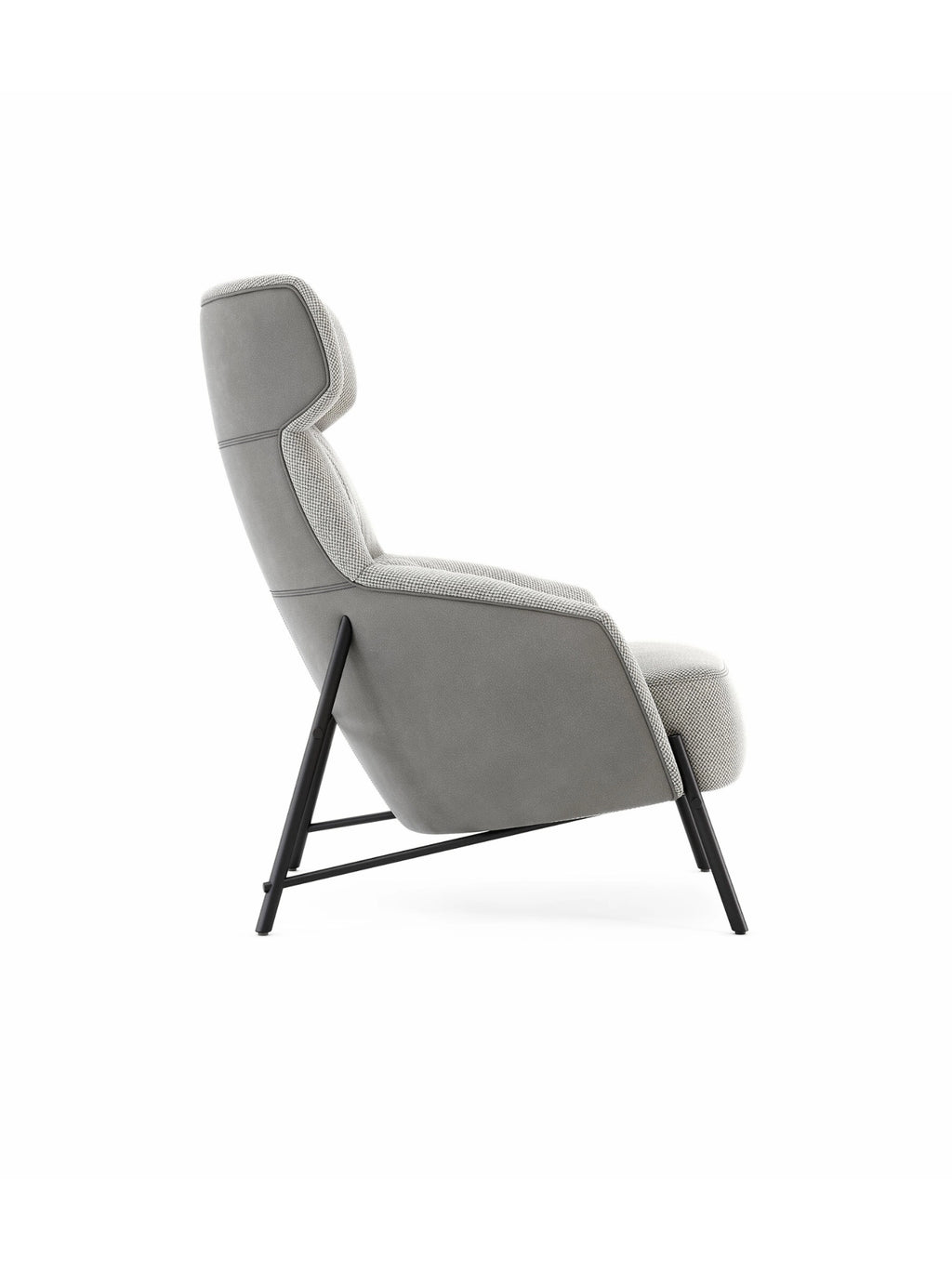 Domkapa Hubert Armchair, a contemporary high-back lounge chair upholstered in a sophisticated two-tone grey fabric, combining smooth plain grey with a textured light grey and white weave for a modern aesthetic. This ergonomic accent chair features a slender, supportive profile and sleek matte black metal legs. Ideal as a stylish reading nook chair or a comfortable modern armchair for living rooms and bedrooms.