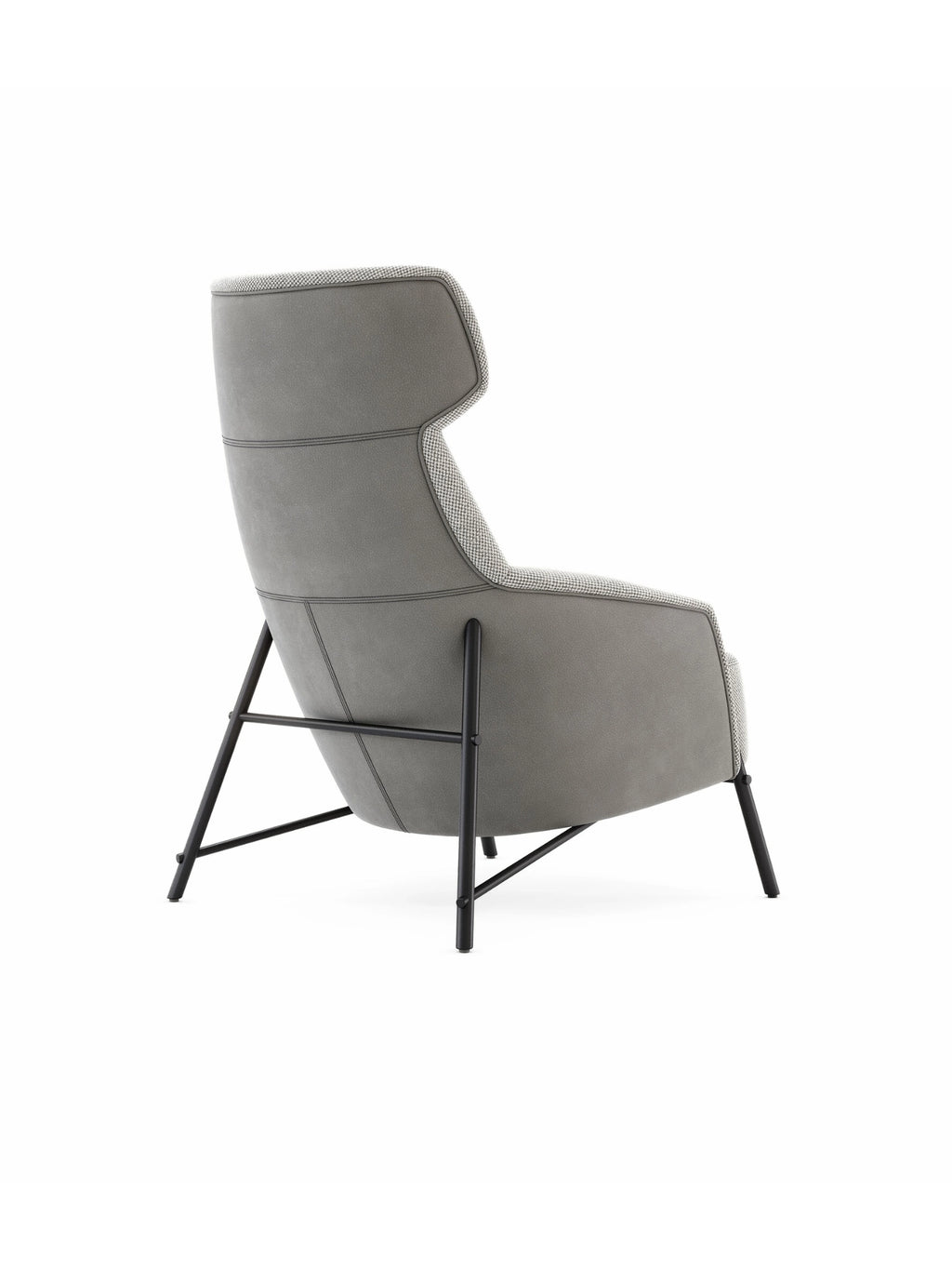 Domkapa Hubert Armchair, a modern high-back lounge chair featuring a smooth solid gray fabric upholstery detailed with visible black accent stitching and a subtle light gray patterned trim along its edges.