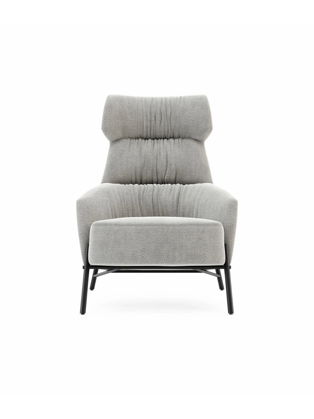 Domkapa Hubert Armchair, a contemporary high-back lounge chair featuring plush light grey speckled textured fabric upholstery with subtle ruching details on the backrest and a deep, comfortable seat. This modern accent chair is supported by a sleek, slender matte black metal frame, offering a sophisticated silhouette.