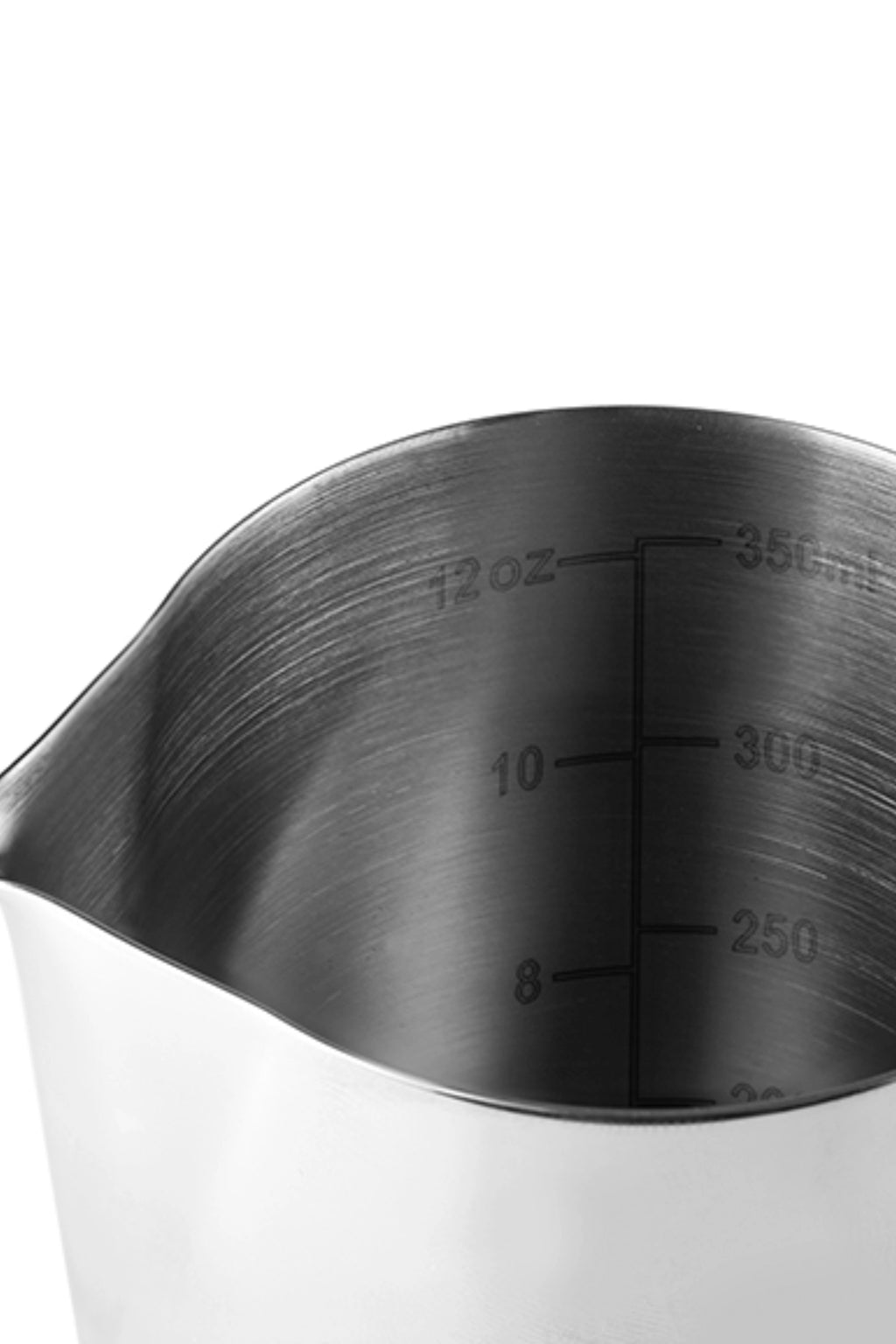 Ibili Stainless Steel Milk Pitcher, a sleek silver milk frothing pitcher crafted from polished stainless steel with a practical brushed interior and precise pouring spout. It features clear internal measurement markings in both ounces (up to 12 oz) and milliliters (up to 350 ml) for accurate coffee preparation. Ideal for home baristas and coffee enthusiasts needing a durable milk steaming and measuring pitcher for latte art.
