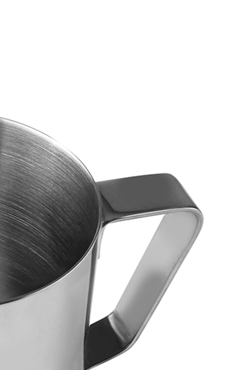 Ibili Stainless Steel Milk Pitcher, a professional-grade silver frothing pitcher featuring a brushed stainless steel interior for precise temperature control and a polished exterior with a comfortable, angular handle.