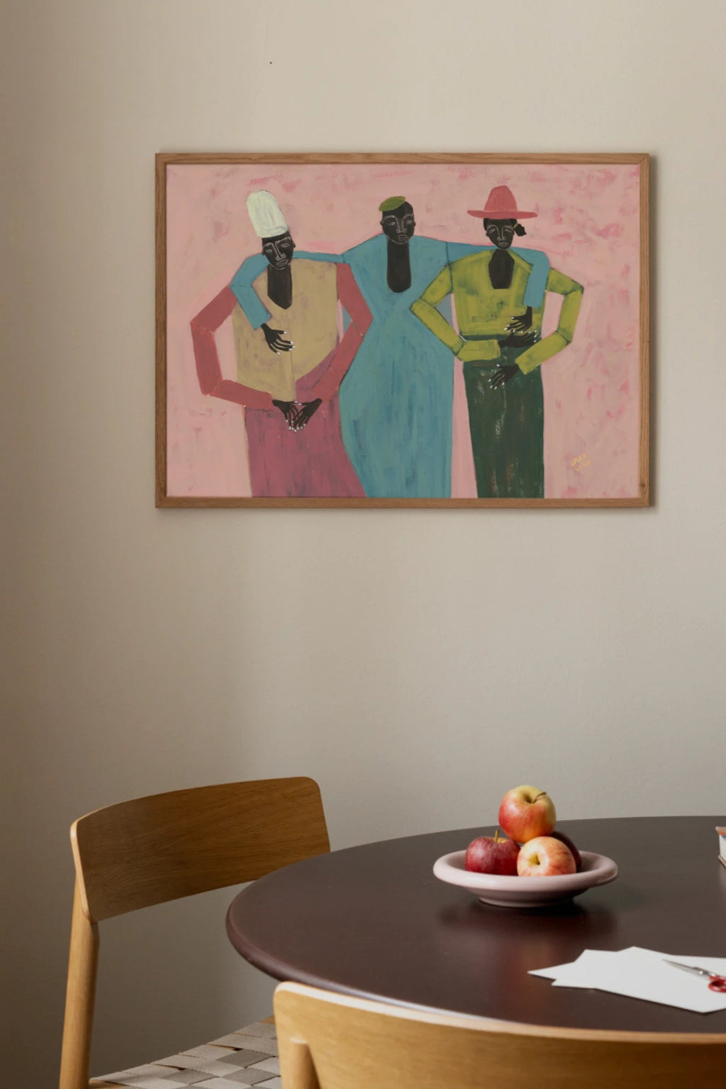 The Poster Club Three Sisters, an abstract figurative art print depicting three stylized women in colorful garments (yellow, blue, dark pink, lime green, dark green) with distinct white, lime green,.