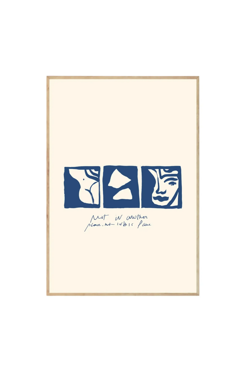 The Poster Club In This Place - Art Print, featuring a modern abstract design with three indigo blue panels on a cream background, framed in light natural wood. This stylish graphic poster is perfect for contemporary art lovers seeking unique wall decor for their home or office.