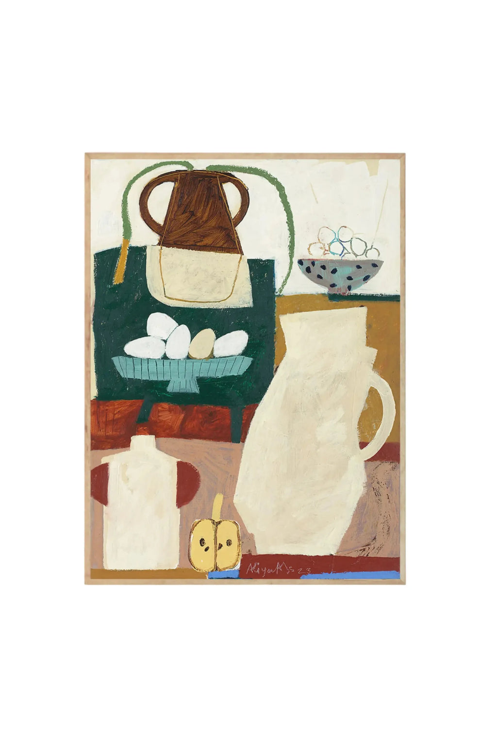 The Poster Club In the Kitchen at My Grandma - Art Print, a modern abstract still life poster with a dark brown pot, teal egg bowl, and a large white jug. This unique kitchen art print is perfect for adding a touch of contemporary charm to any home decor.